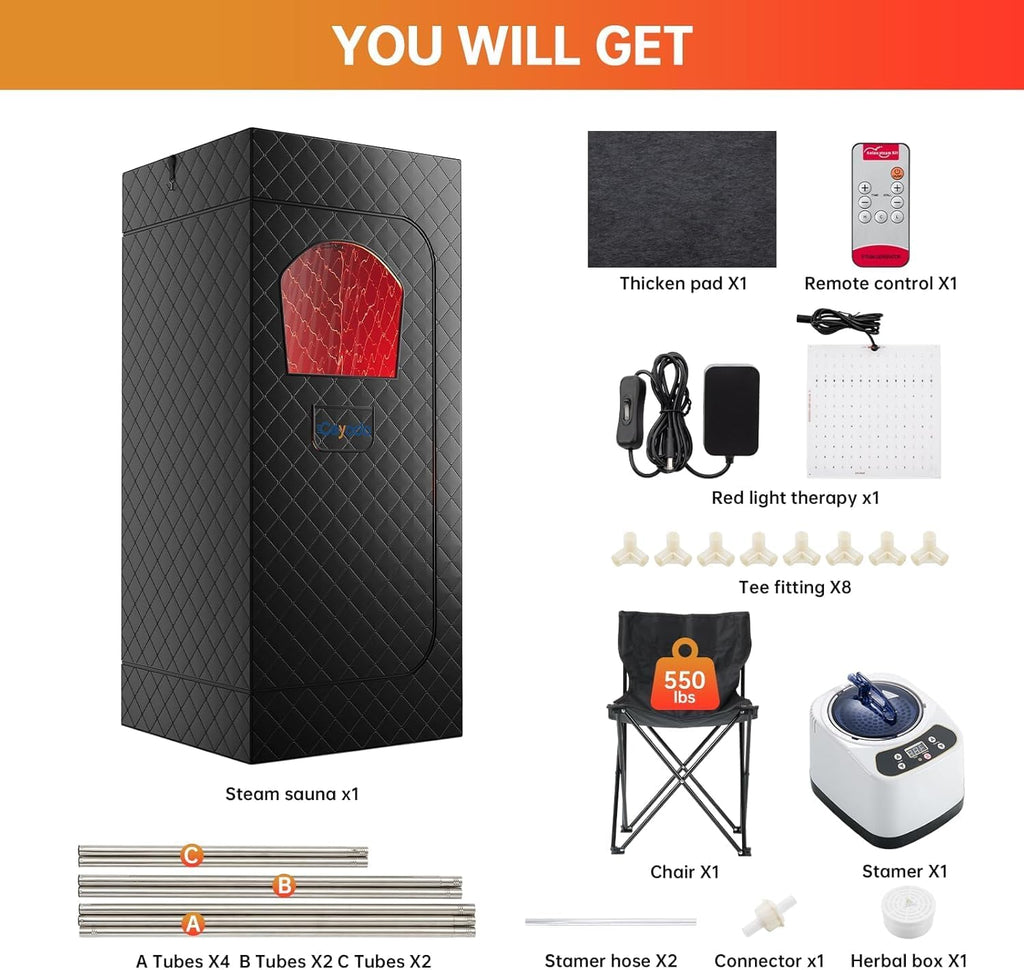 Infrared Sauna Box, Portable Sauna with 660nm Red Light Therapy & 850nm,5-Layer Waterproof, 3L 1300W Steamer,Folding Chair,for Home Sauna Spa Personal Saunas Tent Indoor Outdoor