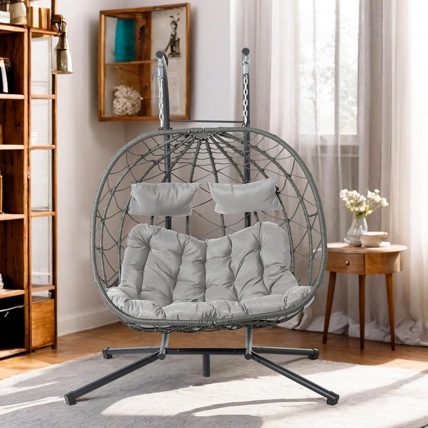 Double Egg Swing Chair with Stand, 2 Person Outdoor Indoor Hammock Hanging Chair with Cushion,Patio Wicker Hanging Egg Chair w/Cushion 700LBS Capacity for Bedroom, Balcony, Garden