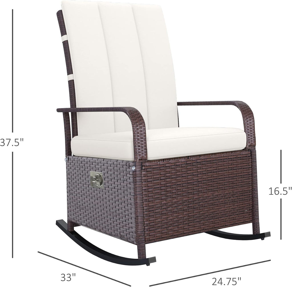 Outsunny Wicker Outdoor Rocking Chair, Patio Recliner with Adjustment Backrest, PE Rattan Lounge Chair with Adjustable Footrest and Cushions for Garden, Backyard, Porch, Beige