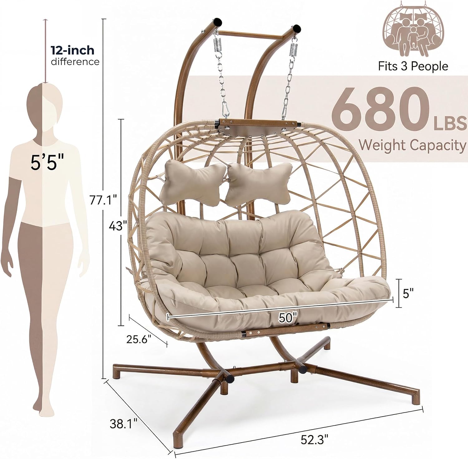 NICESOUL Oversized 2 Person Double Egg Chair Indoor Outdoor, Wide Large Swing Chair with Stand, All-Weather Patio Hanging Egg Hammock Seating, Sturdy Porch Swings for Backyard, Cream with Cover