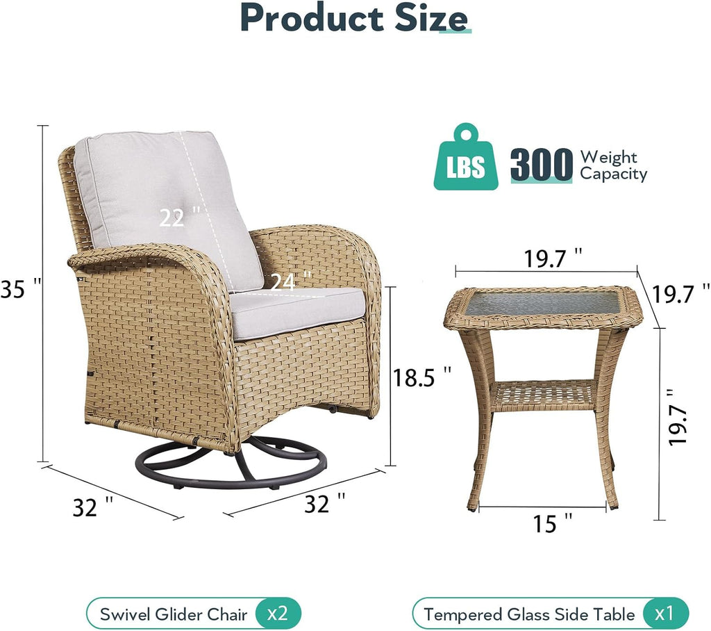 Outdoor Rocker Swivel Glider Chair - 3 Piece Wicker Patio Furniture Set, All Weather Patio Bistro Set with Glass Side Table for Balcony Porch Deck Backyard - Yellow Wicker Beige Cushion
