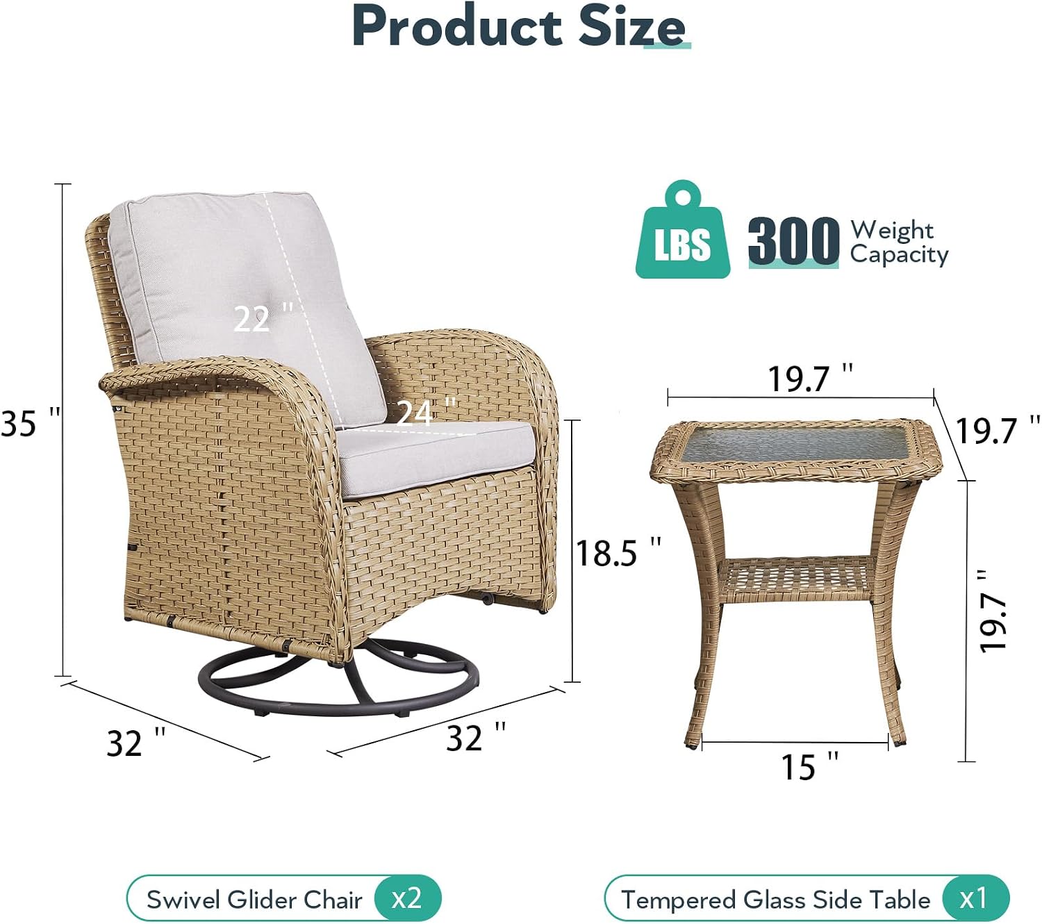 Outdoor Rocker Swivel Glider Chair - 3 Piece Wicker Patio Furniture Set, All Weather Patio Bistro Set with Glass Side Table for Balcony Porch Deck Backyard - Yellow Wicker Beige Cushion