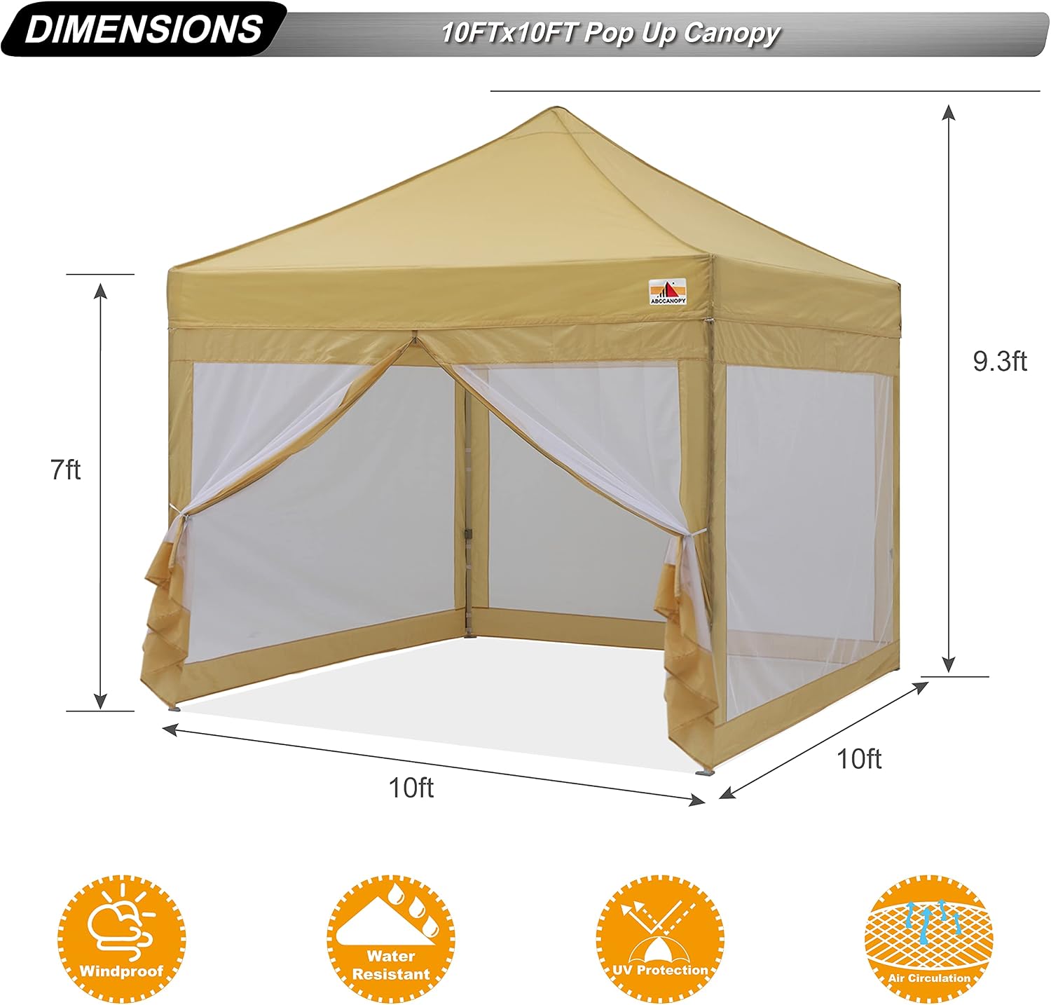ABCCANOPY 10x10 Commercial Pop up Canopy Tent with Mesh Walls, Beige