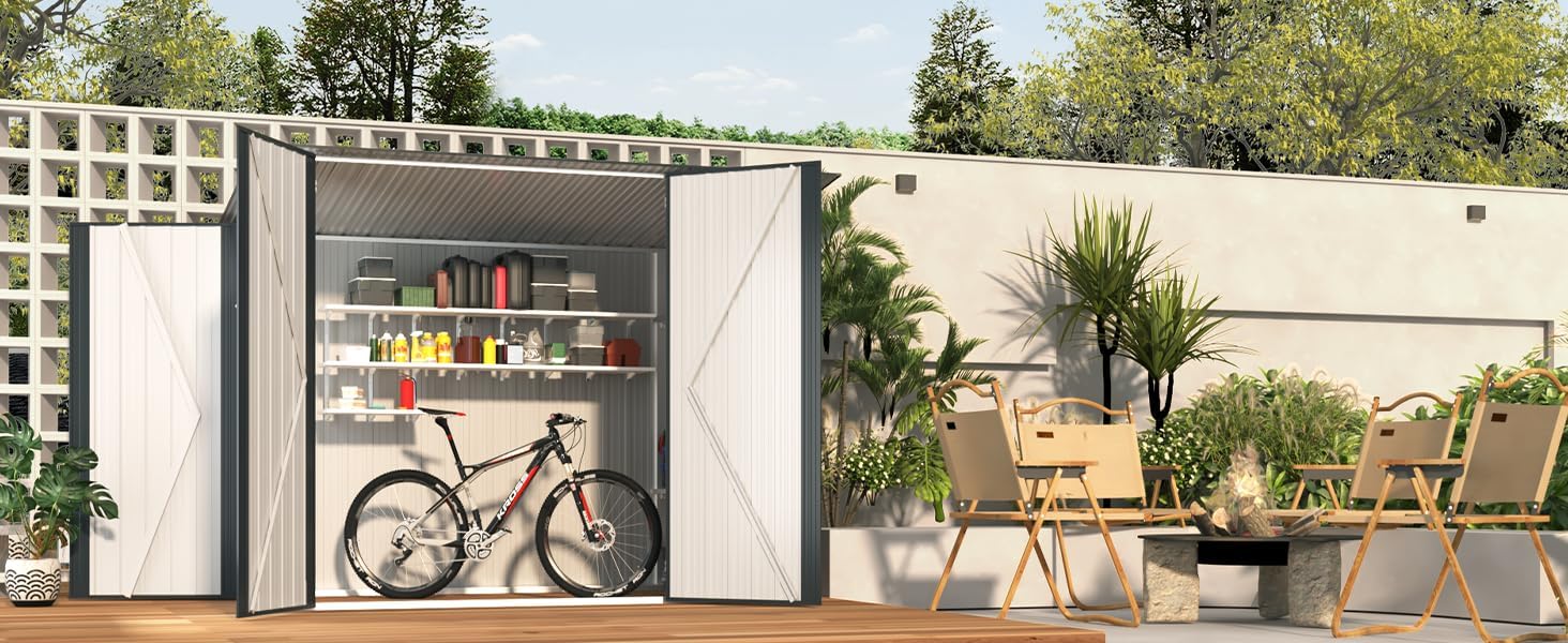 AECOJOY 4'x7' Outdoor Storage Lean to Shed,7x4 Outdoor Horizontal Metal Sheds & Outdoor Storage with Triple Lockable Door, Small Metal Storage Cabinet for Bicycles, Tools Storage for Garden Use