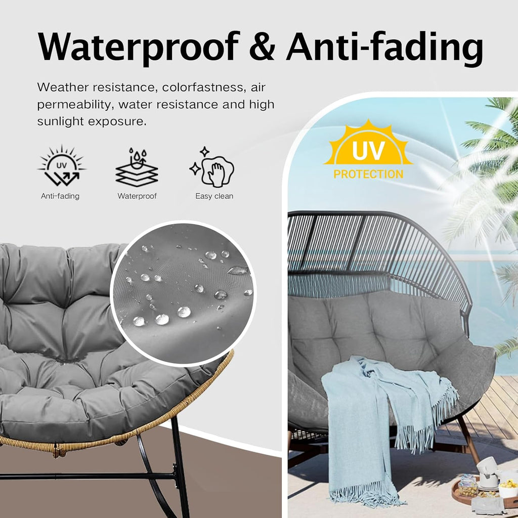 Thickened Waterproof Papasan Rocking Chair Cushion – 6.3'' Patio Egg Chair Pad with Ties, Outdoor/Indoor Rattan Hammock Chair Cushion for Porch, Garden, Balcony (Only Cushion) (French Grey)