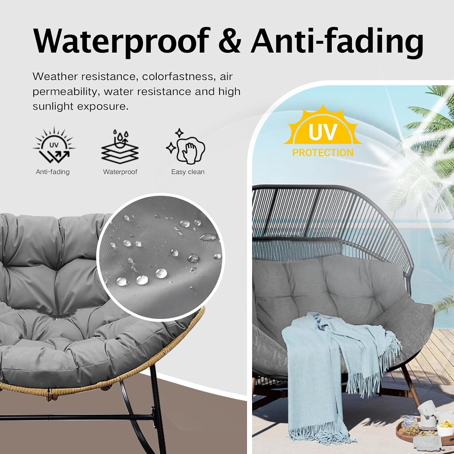 Thickened Waterproof Papasan Rocking Chair Cushion – 6.3'' Patio Egg Chair Pad with Ties, Outdoor/Indoor Rattan Hammock Chair Cushion for Porch, Garden, Balcony (Only Cushion) (French Grey)
