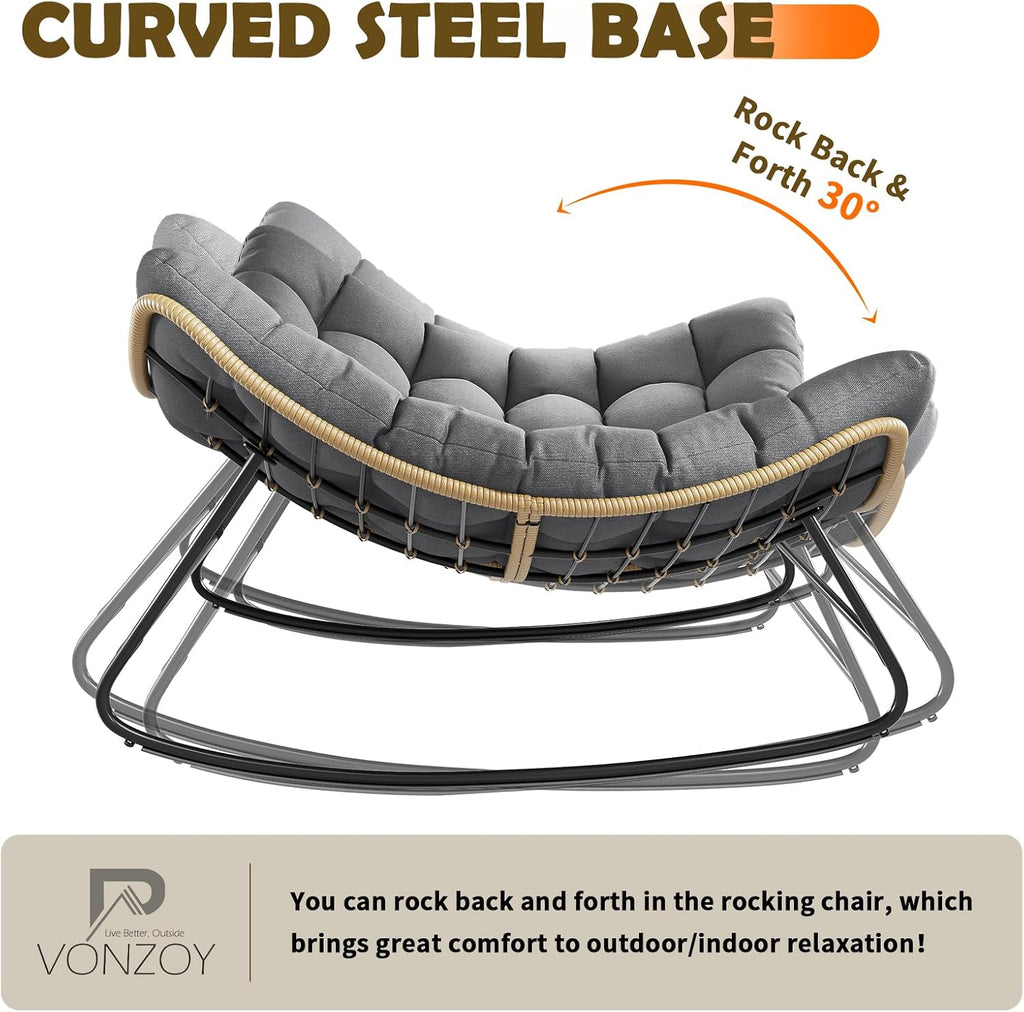 Outdoor Rocking Chair, 2 PCS Indoor Papasan Chairs, Oversized Egg Rocking Chair with Thick Cushion, Rattan Wicker Rocker Lounge Chair for Bedroom, Living Room, Patio, Garden, Porch (Dark Grey)