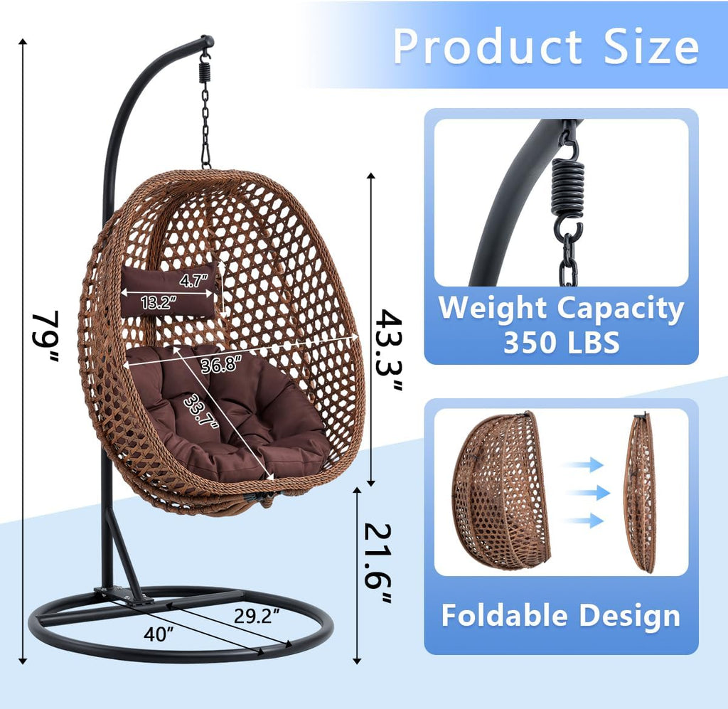 JUFU Egg Chair with Stand, Premium Indoor Outdoor Hanging Swing Chair with Thick Cushion and Headrest, 350 lb Capacity Patio Egg Chair for Bedroom, Balcony, Porch, Backyard