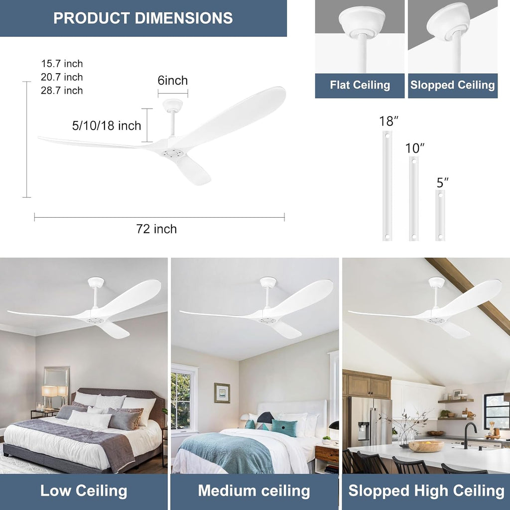 72 Inch Solid Wood Ceiling Fan without Light,3 Real Wood Blades,DC Motor Quiet and Reversible,Outdoor Ceiling Fan for Garage,Patio,Farmhous (white)