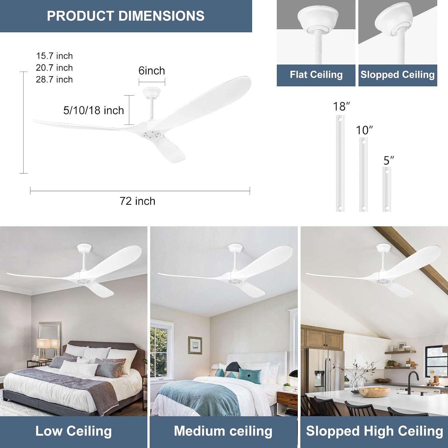 72 Inch Solid Wood Ceiling Fan without Light,3 Real Wood Blades,DC Motor Quiet and Reversible,Outdoor Ceiling Fan for Garage,Patio,Farmhous (white)