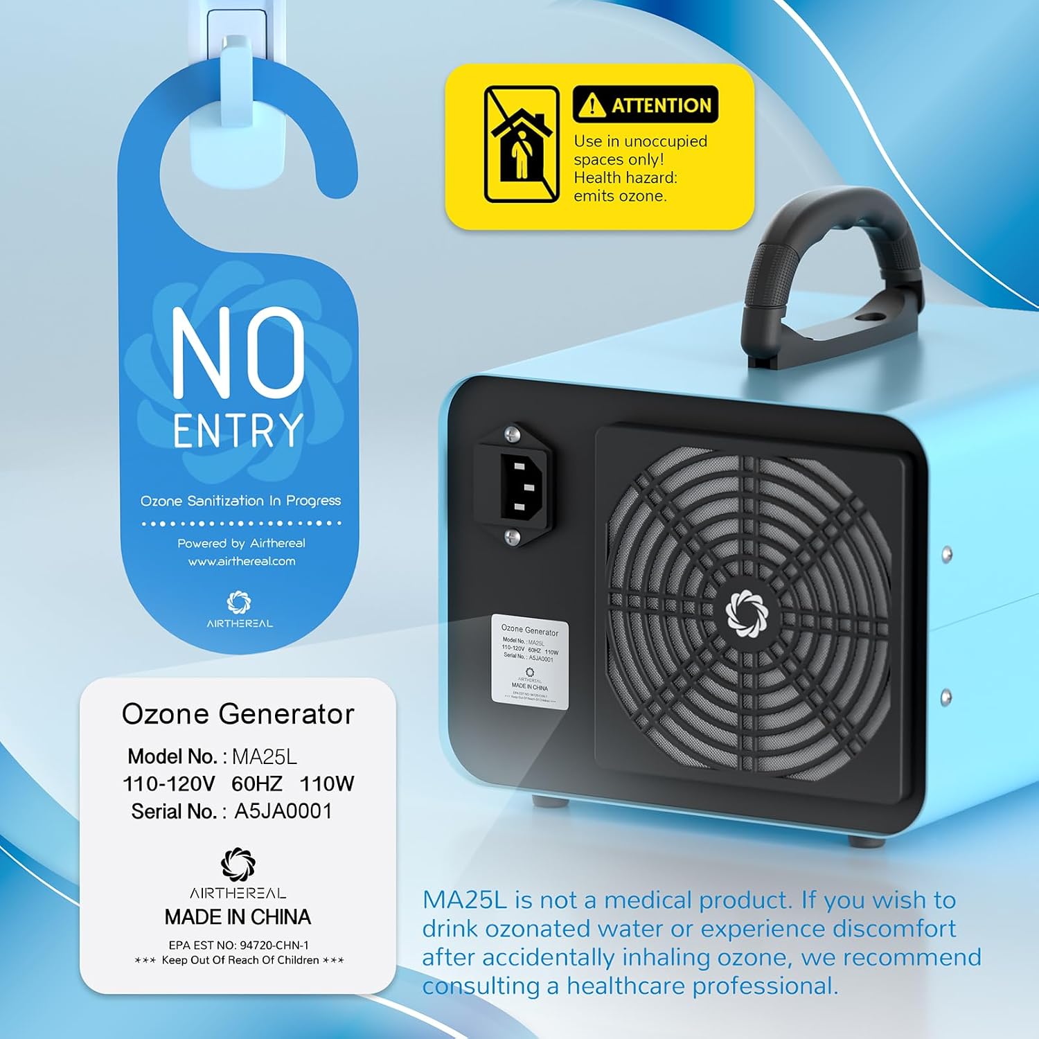 Airthereal Bundle | MA25L Ozone Generator and 4 Tubes and Diffuser Stones for Water and Air - High Capacity Ozone Machine for Odor Removal - Covers up to 4000 sq. ft.