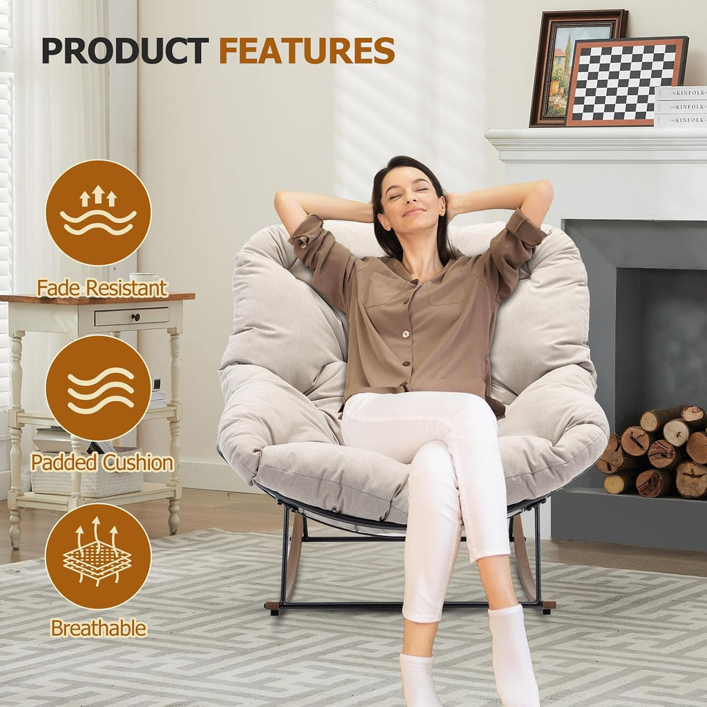 Outdoor Rocking Chair, 400 lbs Sturdy Frame with Thick Cushion,Patio Papasan Chair for Bedroom, Living Room, Porch, Garden(Beige)