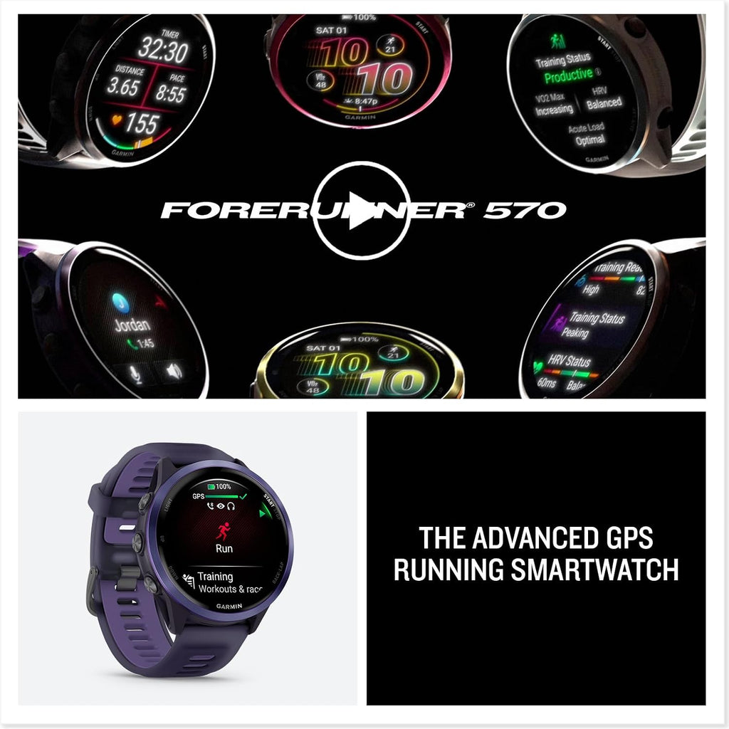 Garmin Forerunner 570 (47 mm, Indigo/Translucent Imperial Purple) Running GPS Smartwatch - AMOLED Display, Training - Gift Box Bundle with PlayBetter HD Screen Protectors, Wall Adapter & Case