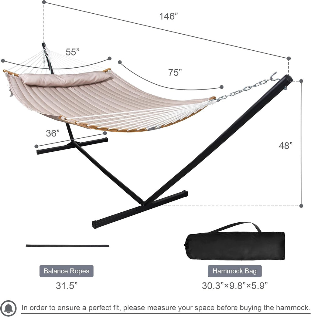 Double Hammock with 12 FT Stand, 2 Person Curved Bar Hammock with Stand, Pillow and Portable Carrying Bag, Heavy Duty 450lbs Capacity, Tan