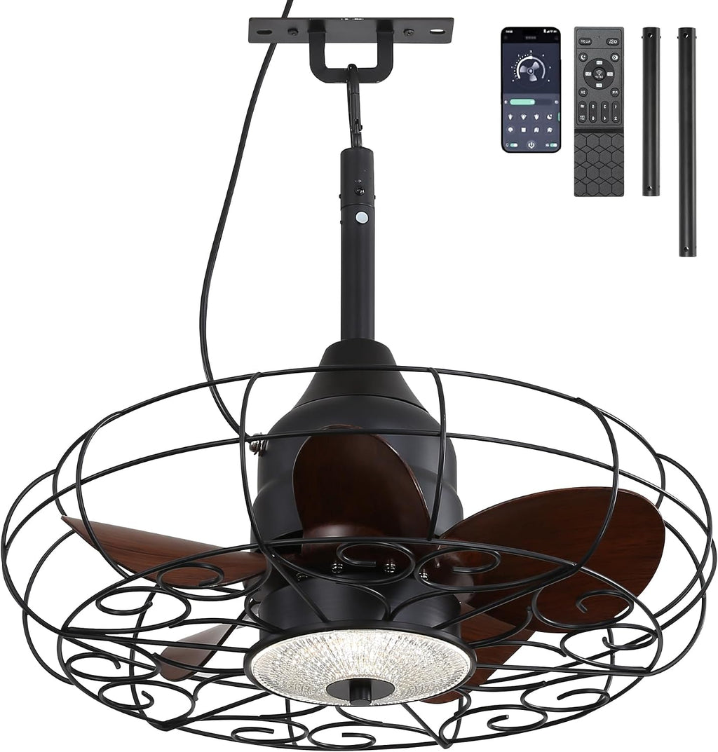 Gazabo Fan Outdoor Ceiling Fans for patios 21'' Outdoor Hanging Fan for Gazebo, Plug in Caged Lighting for Pergola Canopy,Hanging with Hook, Remote with 3 Color LED Gazabo Lights, IP44 Waterproof
