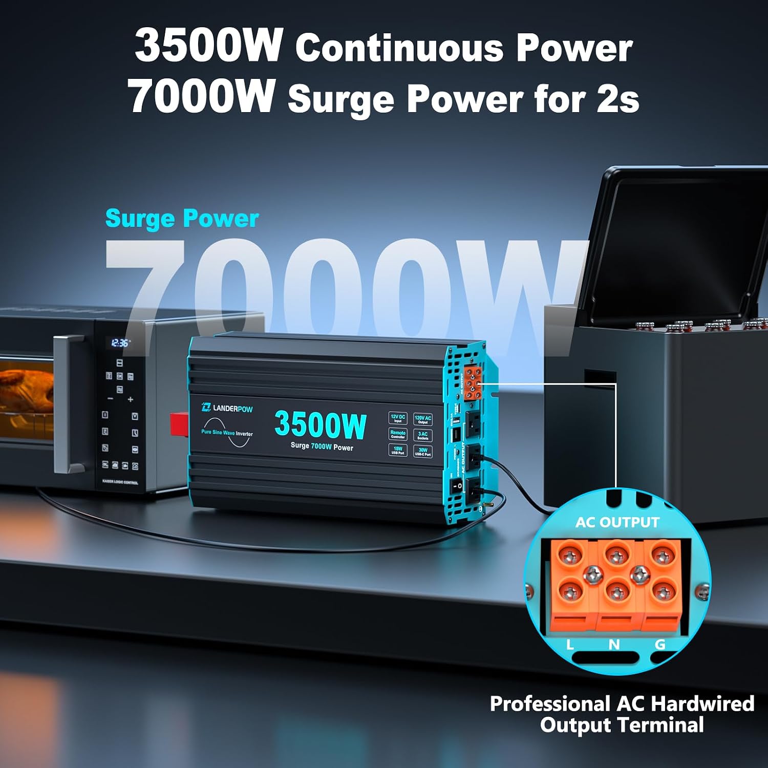 Pure Sine Wave 3500W Power Inverter 12V DC to 120V AC for RV, Truck, Home, Off-Grid, Solar, Inverter with 3 AC Outlet, 30W USB-C, 5V 3.1A USB, Hardwire Port, 15FT Remote Control, Surge 7000W