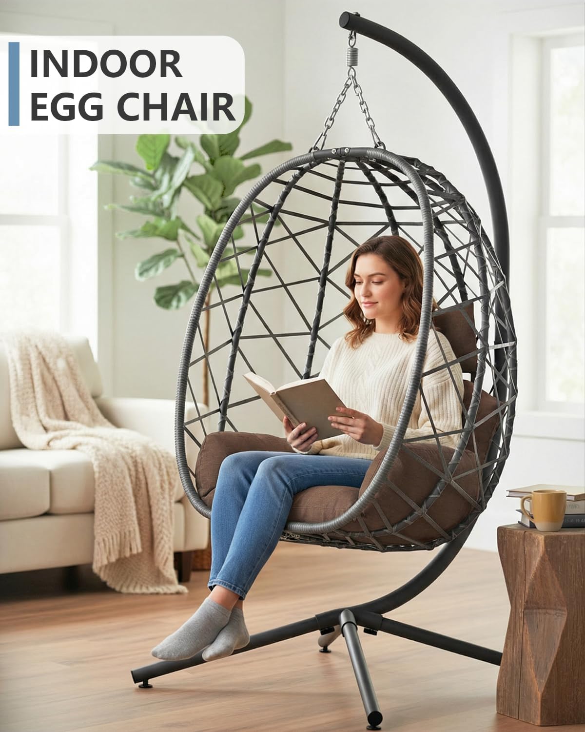 SWITTE Hanging Egg Chair with Stand, Outdoor Indoor Rattan Wicker Egg Swing Chair with Cushion, Heavy Duty Patio Hammock Chairs for Garden Backyard Balcony Bedroom, 400LBS Capacity, Brown