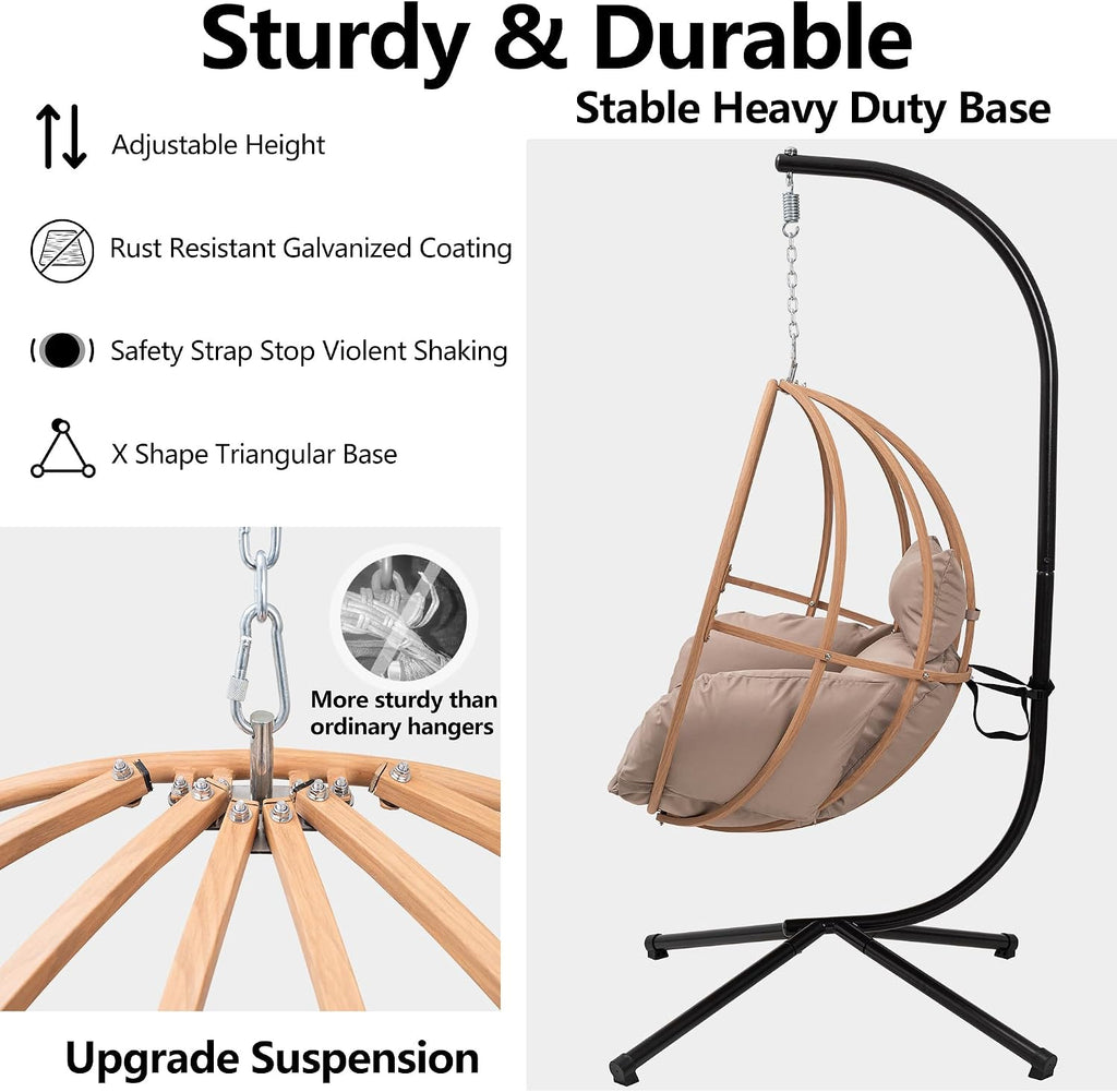 Egg Chair Outdoor, Imitation Rattan Hanging Egg Chair with Stand, Hanging Chairs with Cushions, 80' High All Weather Basket Swinging Chairs, Egg Swing Chairs Outdoorfor Balcony/Deck, Khaki