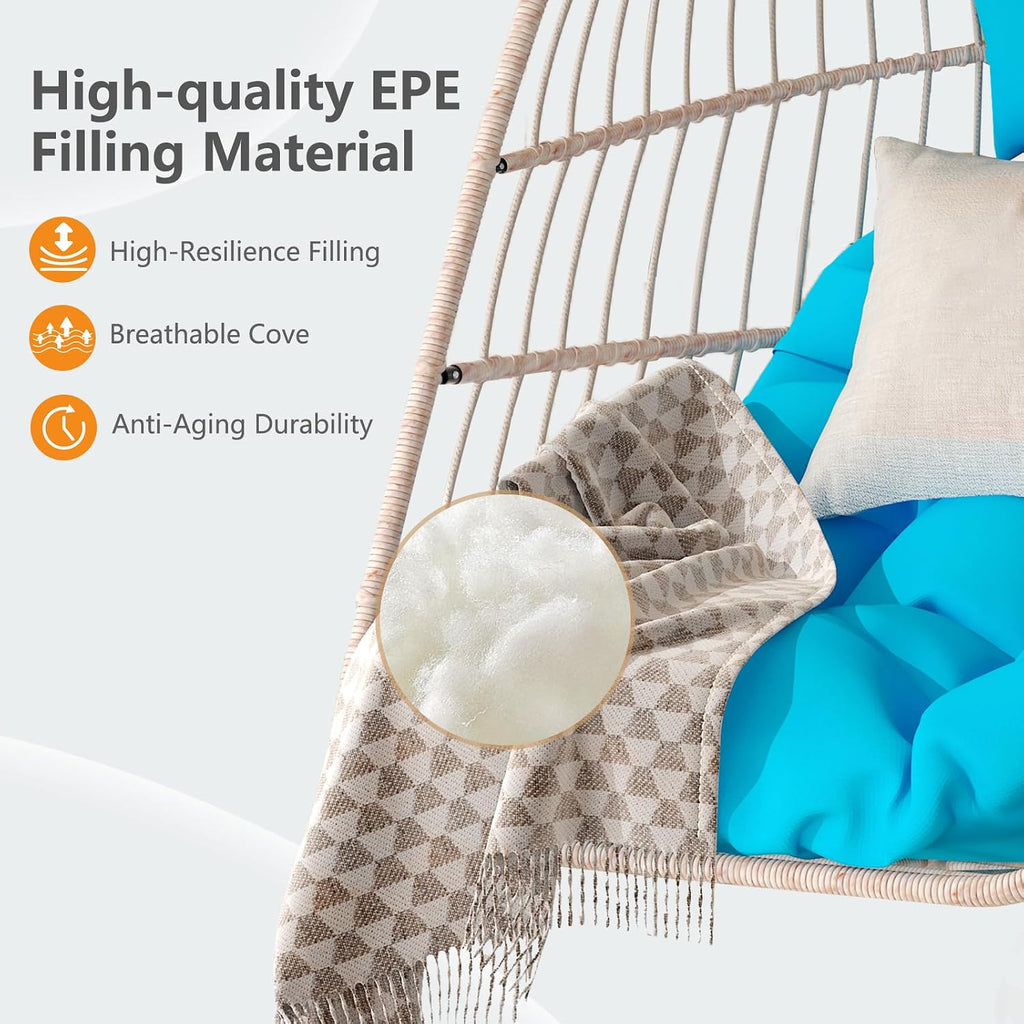 Hanging Egg Chair with Pillow, HDPE Rattan Foldable Swing Chair with Aluminum Frame & UV Resistant Cushion, Hammock Egg Basket Without Stand for Indoor Outdoor, 350Lbs Capacity (Blue Cushion)