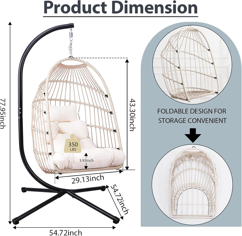 Foldable Hanging Egg Chair with Stand, HDPE Rattan and Heavy Duty Aluminum-Steel Frame, Outdoor Patio Wicker Swing Egg Chair with Headrest and Cushion, 350 Lbs Capacity, White