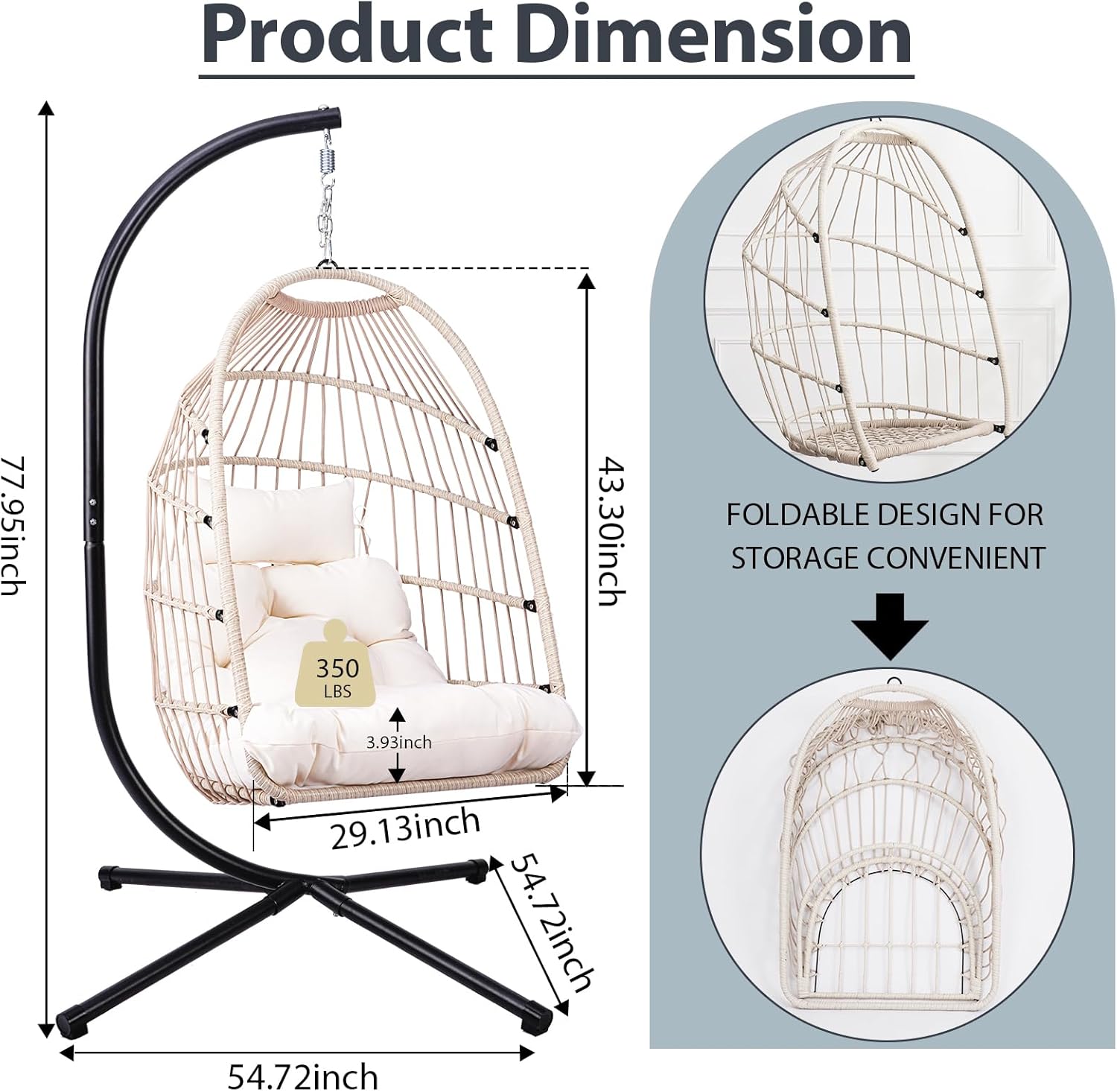 Foldable Hanging Egg Chair with Stand, HDPE Rattan and Heavy Duty Aluminum-Steel Frame, Outdoor Patio Wicker Swing Egg Chair with Headrest and Cushion, 350 Lbs Capacity, White