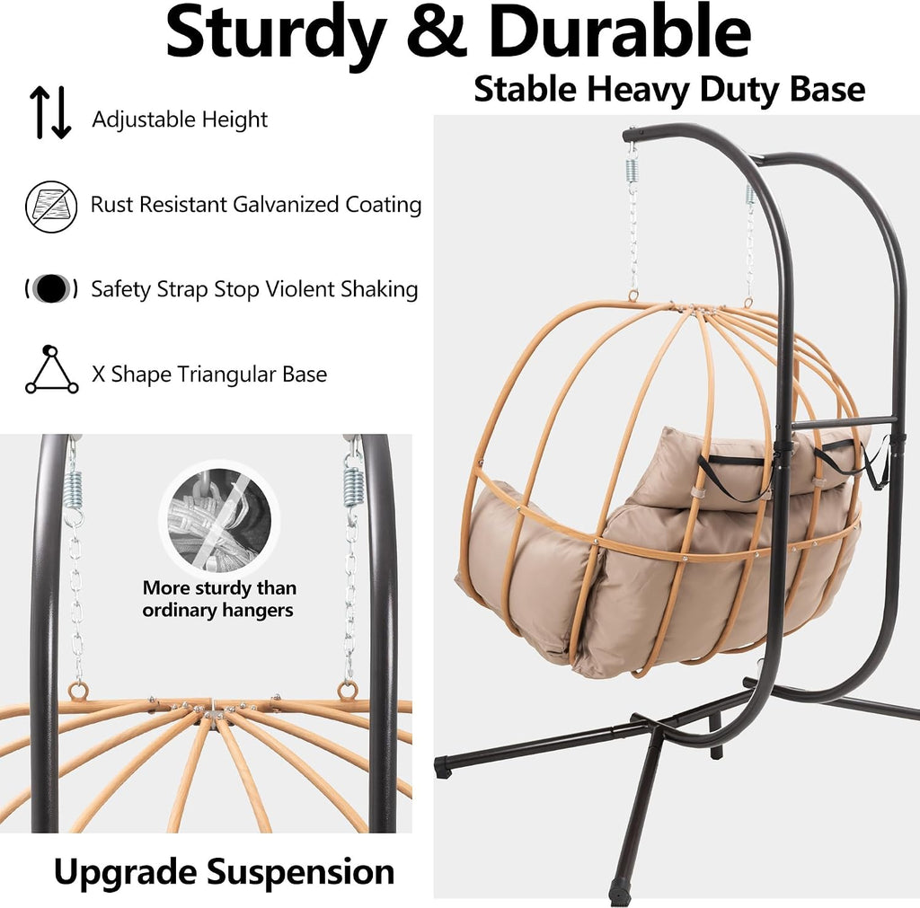 Double Egg Chair Outdoor, Egg Swing Chair with Stand, Hanging Swing Chair Outdoor with Cushions/Headrest, 80' H Hanging Chairs with Stand Indoor, Metal Basket Swing Egg Chairs for Deck, Brown