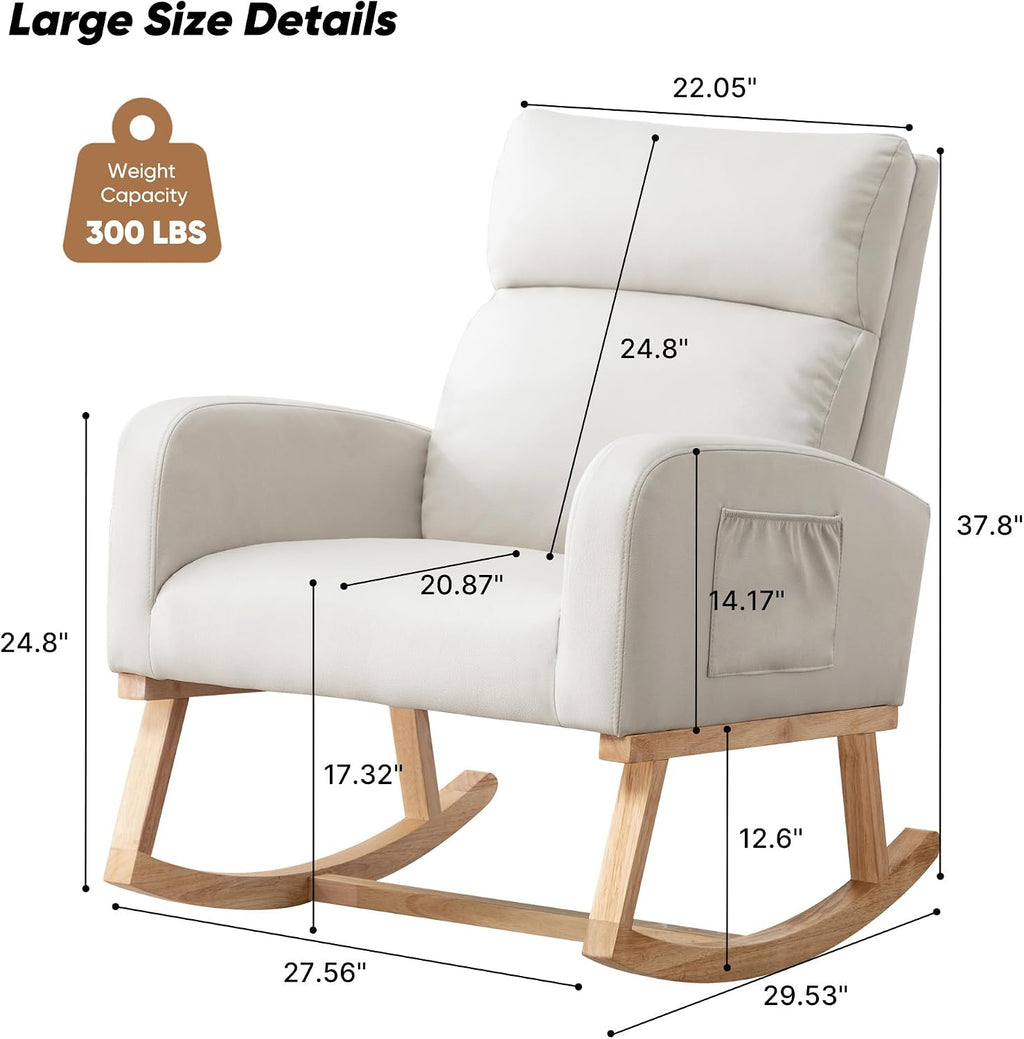 Rocking Chair Nursery, Uplostered Leather Rocker Nursing Chairs with Wood Legs and Side Pocket, Comfortable Glider Roking Chair for Nursery, Living Room, Bedroom, Leather Beige