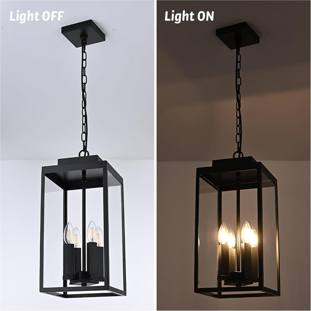 MELUCEE Large Outdoor Pendant Light Fixtures 4-Light, Farmhouse Exterior Hanging Lantern Porch Light, Black Hanging Lamp Ceiling Mount Outdoor Chandelier for Porch Patio Gazebo Entrance