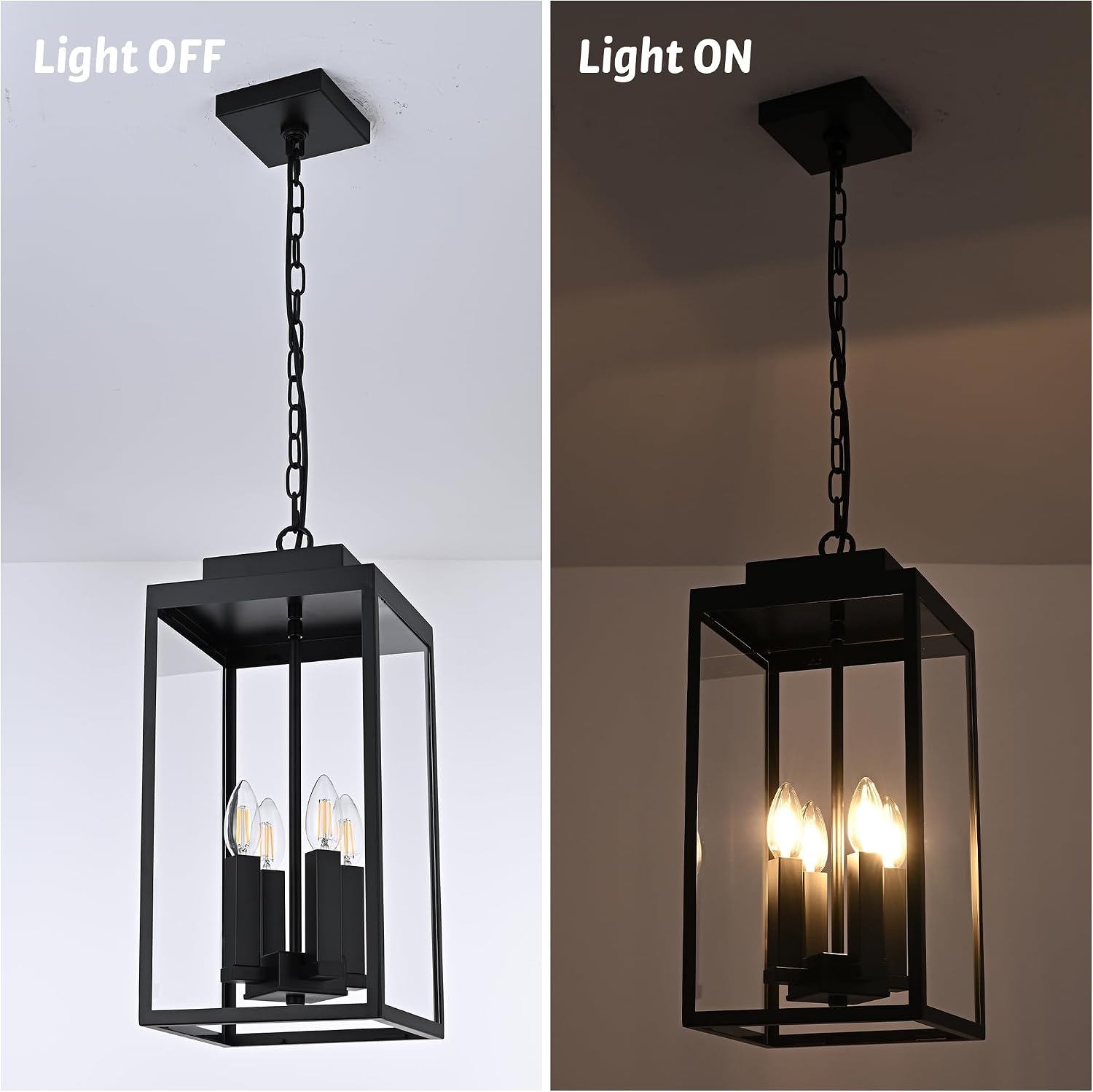 MELUCEE Large Outdoor Pendant Light Fixtures 4-Light, Farmhouse Exterior Hanging Lantern Porch Light, Black Hanging Lamp Ceiling Mount Outdoor Chandelier for Porch Patio Gazebo Entrance