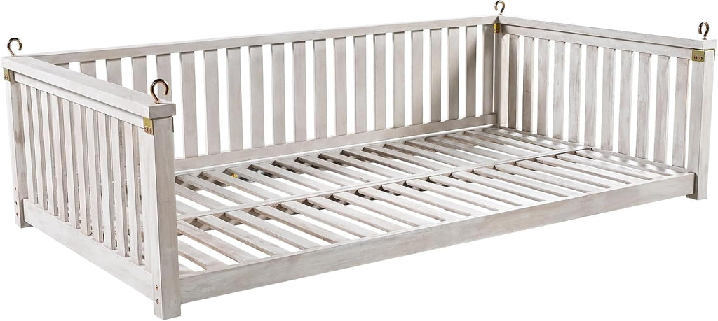 Minimalist 2-Person Acacia Wood Swing Bed, Patio Porch Swing with Ropes for Backyard Garden, Safe Sloped Design,Mattress, Cushions and Pillows not Included(White/Acacia)