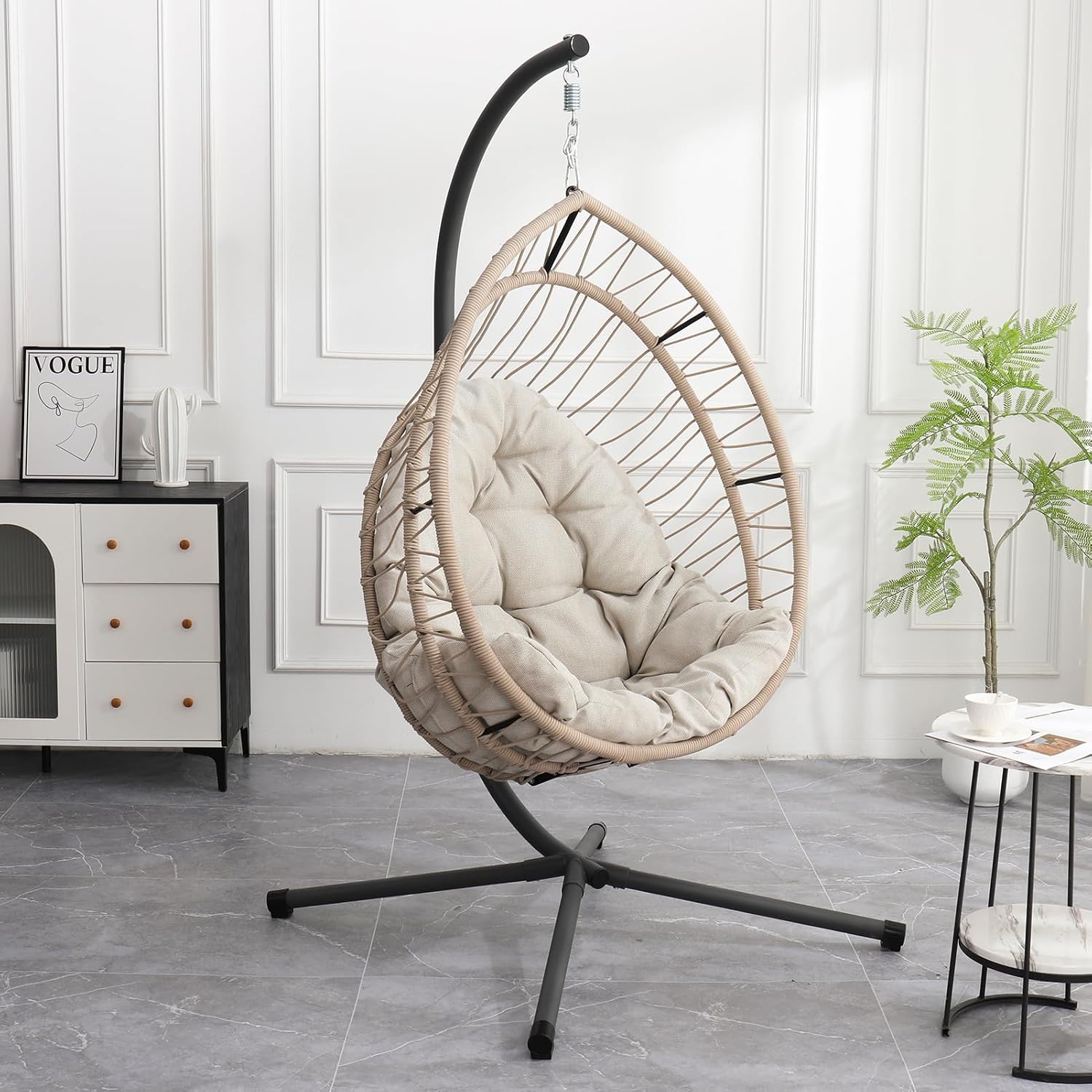 Hanging Egg Chair with Stand, Foldable Hammock Swing Chair Made by Durable All-Weather Core-Spun Polyester Rope with Yarn-Dyed Fabric Cushion for Indoor Outdoor, 350Lbs Capacity (Grey Cushion)