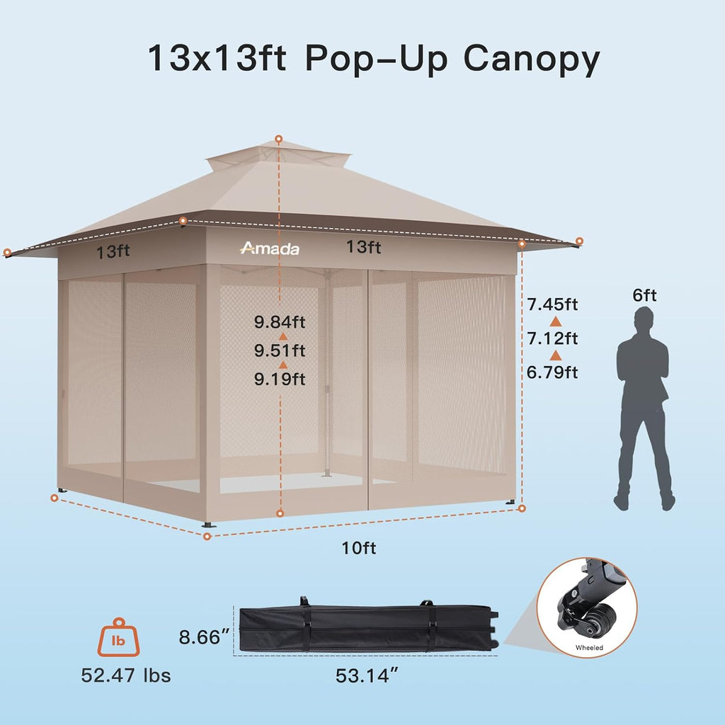Amada 13x13 Pop Up Gazebo for Backyard & Patio Furniture,Gazebos on Clearance with Wheeled STO-N-Go Cover Bag,Carpa Pop Up Tent Party Tent and Shelter with Mosquito Netting for Lawn,Garden,Deck,Khaki