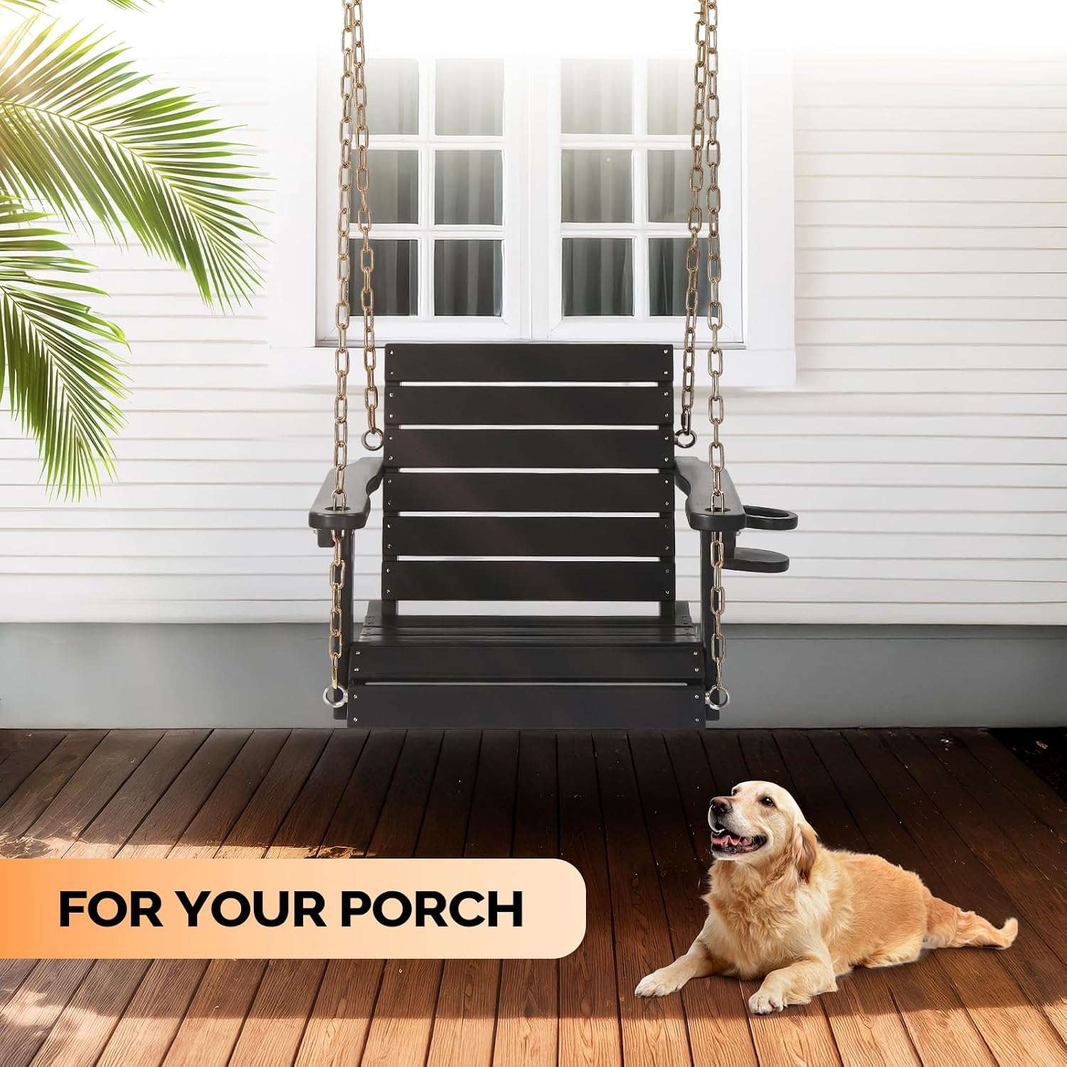 VINGLI Heavy Duty 880 LBS HDPE Porch Swing Outdoor with Rotatable Cup Holder, with Adjustable Chains, 1 Person Hanging Porch Swing Chair for Porch, Yard, Tree, Garden - Black