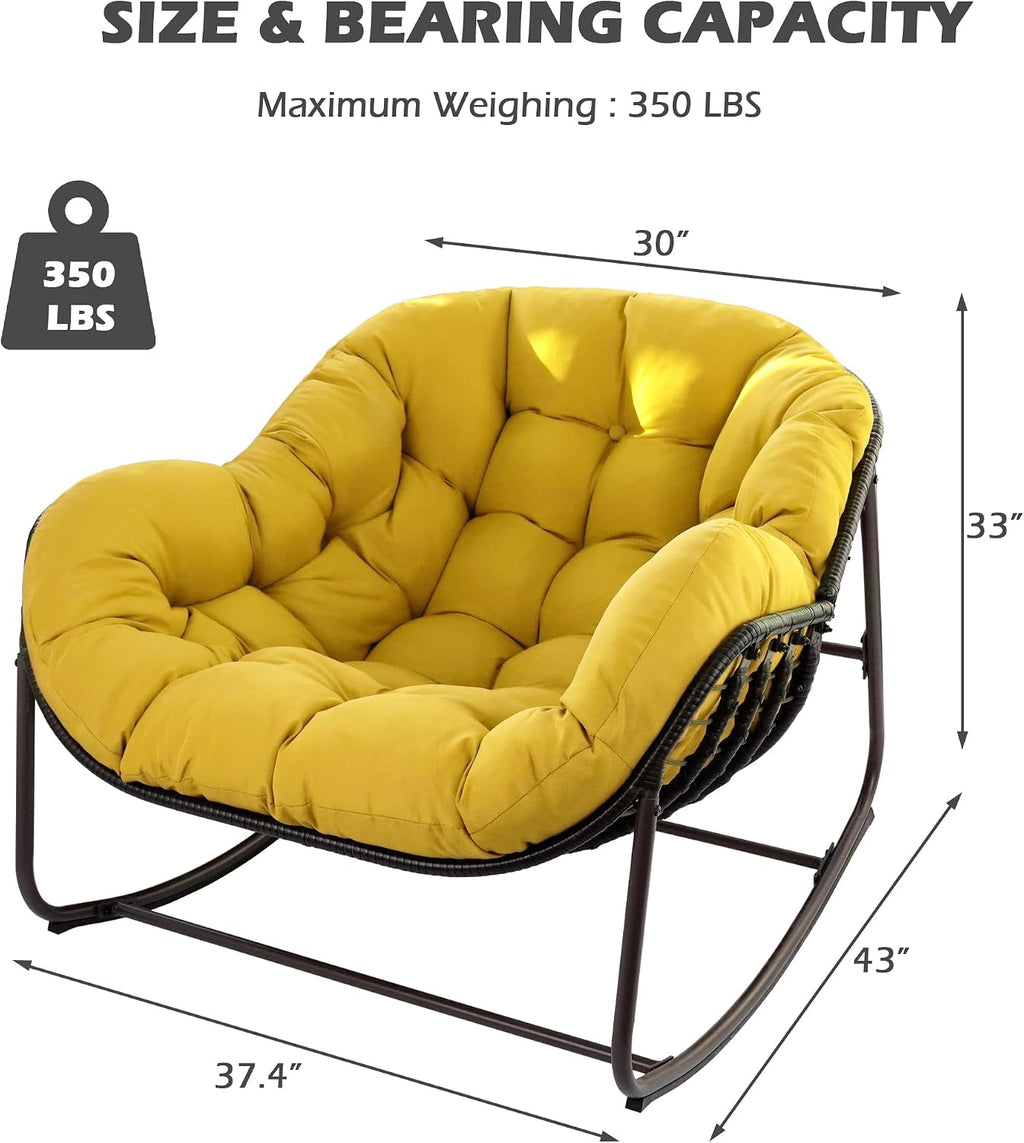 Papasan Rocking Chair, Oversized Papasan Chair with Cushion and Frame for Indoor& Outdoor,Egg-Shaped Patio Rocking Chair for Garden, Deck, Living Room, Yellow