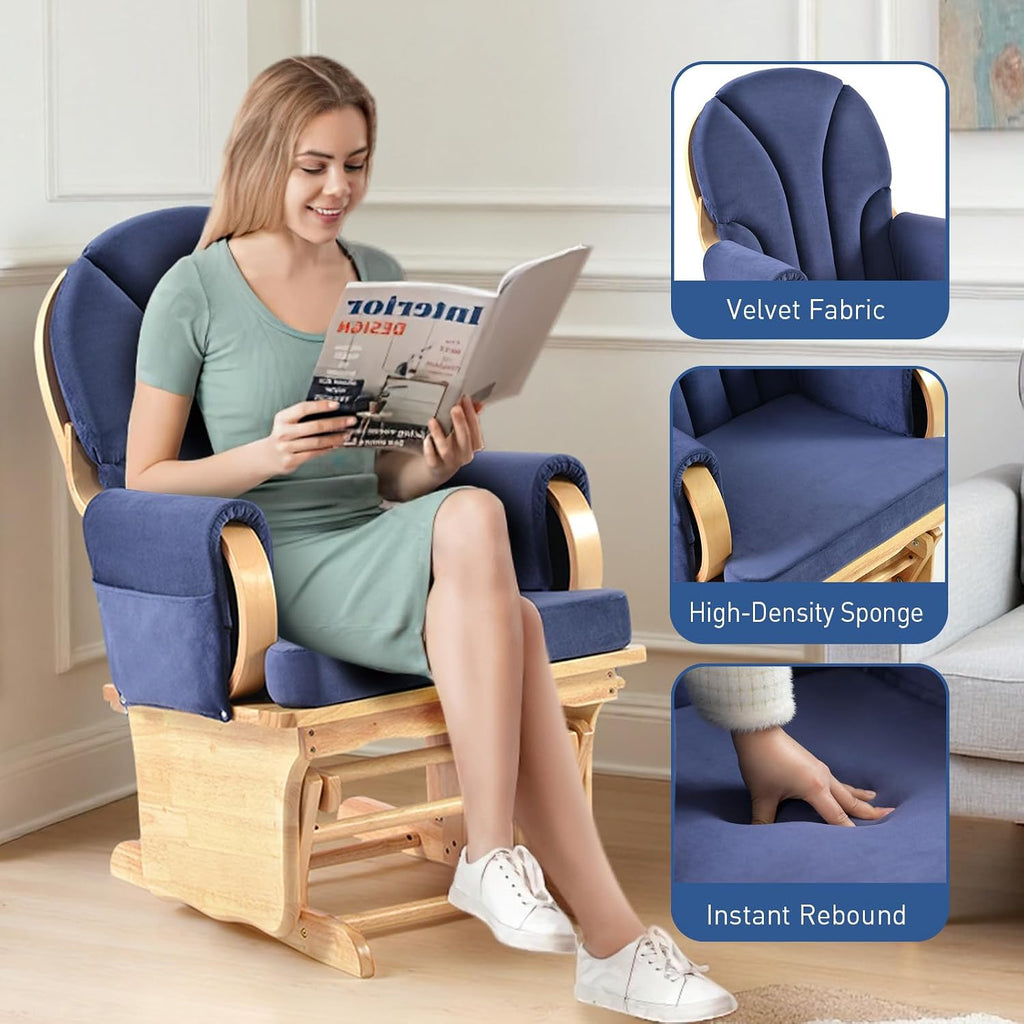 Wood Base Glider Rocker Chair, Baby Feeding and Rocking Chair Nursery Rocking Chairs with Silent Swing Solid Hardwood Base for Nursery, Living Room, Bedroom, Classroom(Natural Wood Blue)