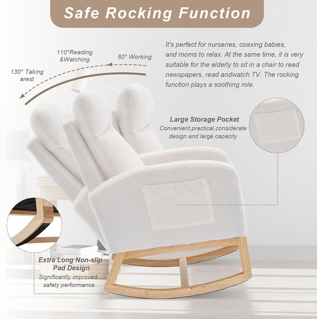 Nursery Rocking Chair with Solid Wood Legs, Glider Chair for Nursery with Side Pocket, Rocker Armchair for Living Room Bedroom (White, Teddy Fabric)