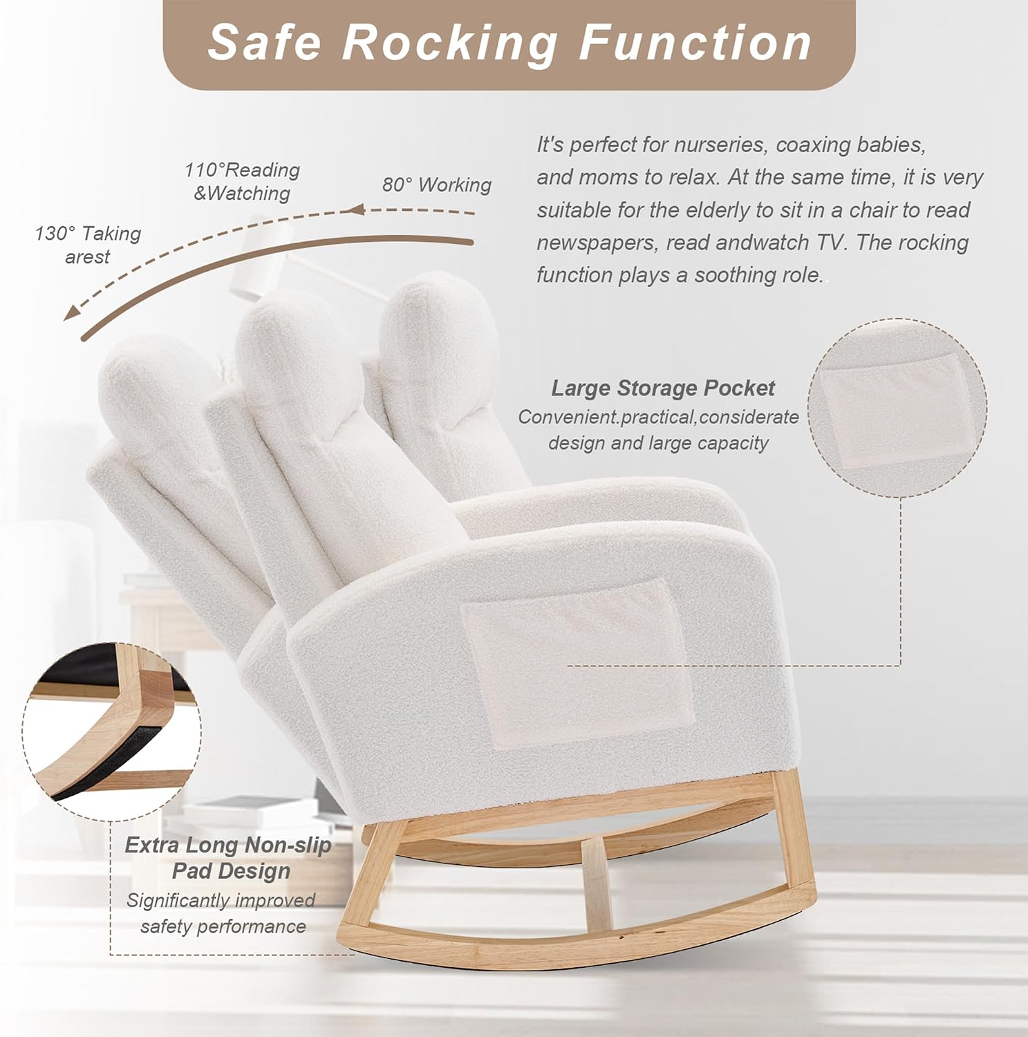 Nursery Rocking Chair with Solid Wood Legs, Glider Chair for Nursery with Side Pocket, Rocker Armchair for Living Room Bedroom (White, Teddy Fabric)