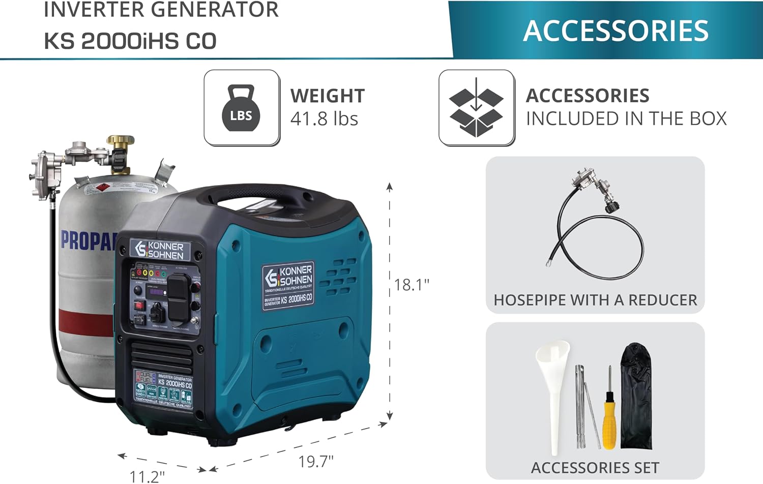 Konner&Sohnen Inverter Generator - 2000 W, Dual Fuel, Lightweight and Portable, Super Quiet with CO Sensor and Fuel-Efficient Technology, LPG/Gas Powered (German brand, model: KS 2000iHS CO)