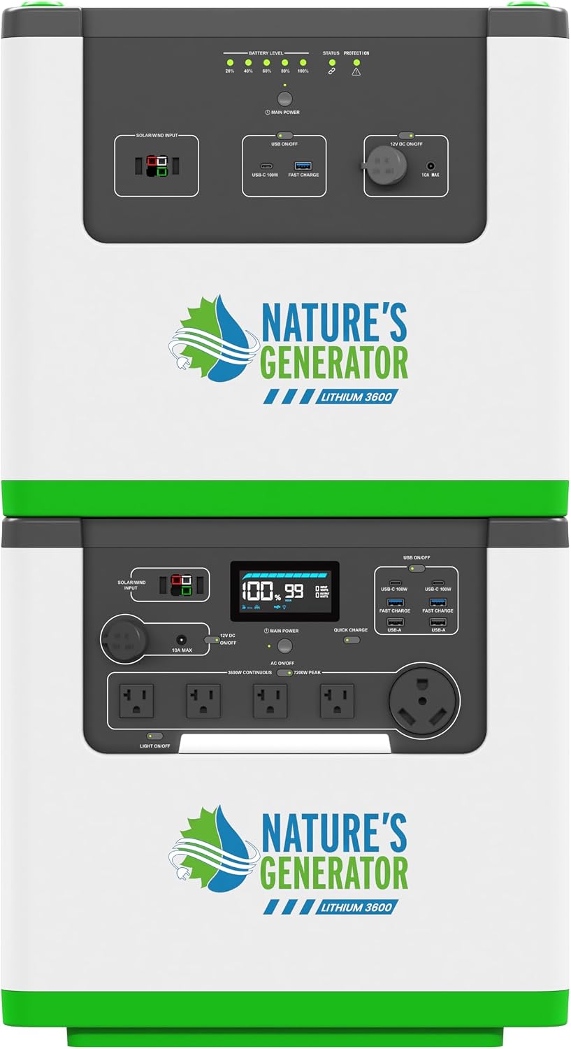 Nature's Generator Lithium 3600 Platinum WE,1 x Lithium 3600 + 1 x Pod + 4x 100w Panels + 50' Cable + 1 x Wind Turbine