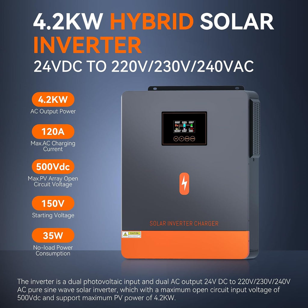 4200W Solar Inverter, 24VDC to 220/230VAC, Off-Grid All-in-One Charger Hybrid Inverter, w/ 120A MPPT Controller, Max PV Array 6200W, Max PV Array 500Vdc, for 24V Lead Acid & Lithium Battery, Home, RV