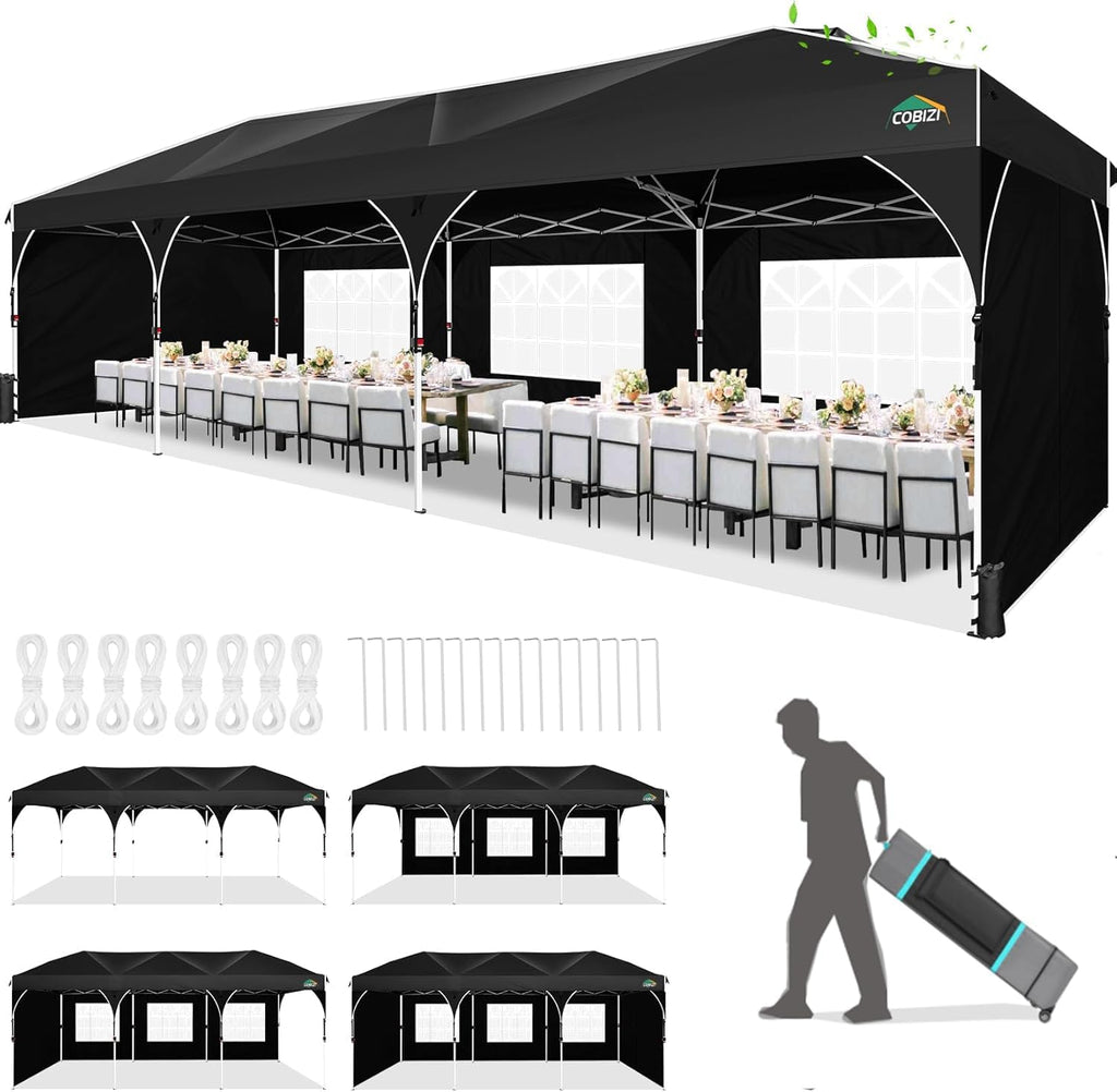 COBIZI 10x30 Pop Up Canopy Tent for Parties with 5 Sidewalls| Push Center Lock & Air Vent| Waterproof & UPF50+ |Gazebo Outdoor Tent for Party,Wedding,BBQ with 4 Sandbags, 8 Stakes & 16 Ropes,Black