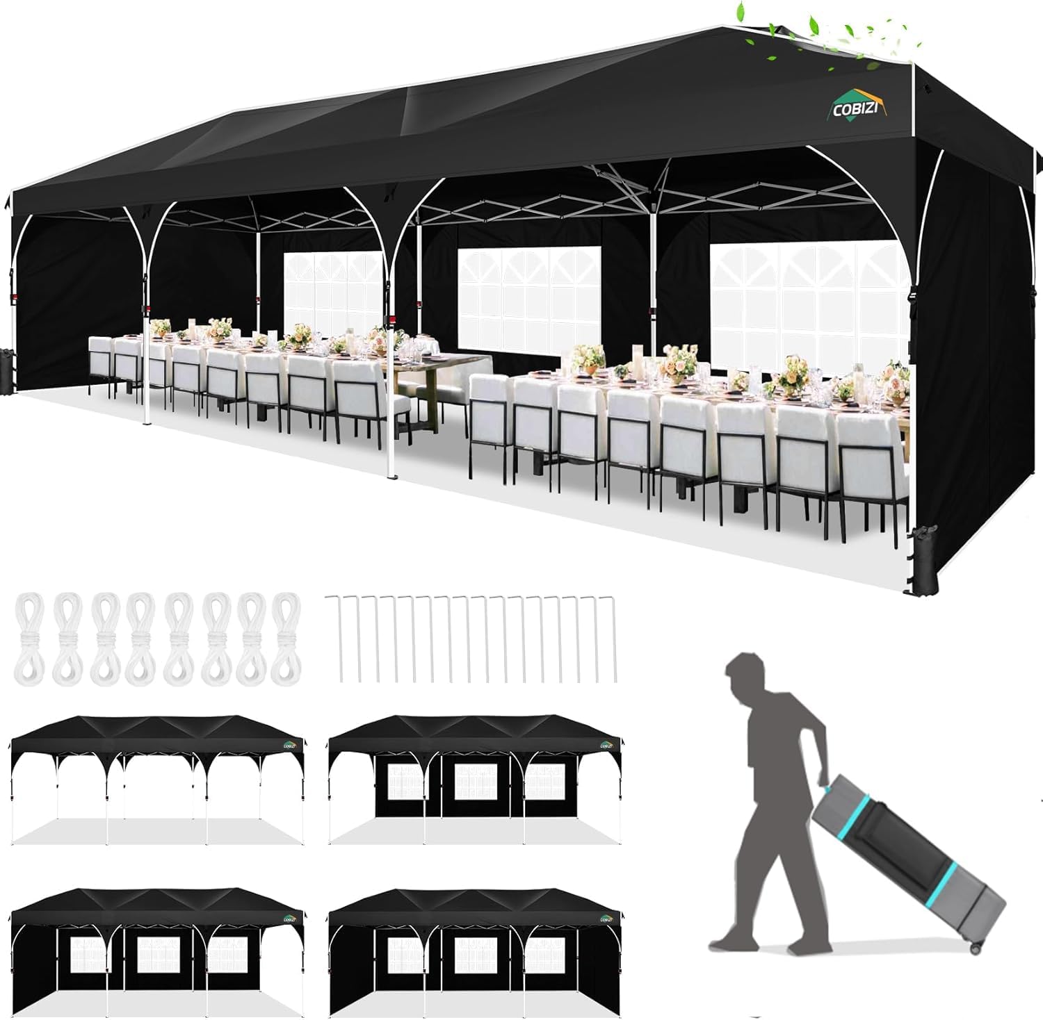 COBIZI 10x30 Pop Up Canopy Tent for Parties with 5 Sidewalls| Push Center Lock & Air Vent| Waterproof & UPF50+ |Gazebo Outdoor Tent for Party,Wedding,BBQ with 4 Sandbags, 8 Stakes & 16 Ropes,Black
