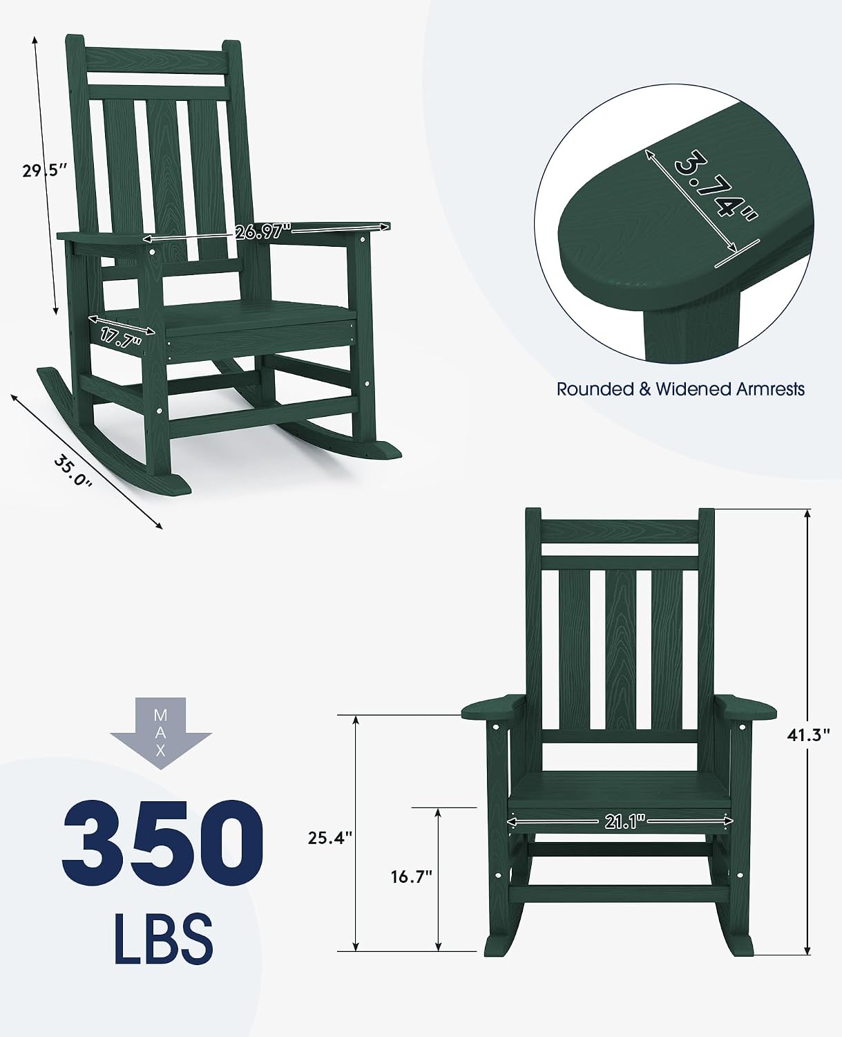 KINGYES Oversized Outdoor Rocking Chair Set of 2, All-Weather Patio Rocking Chairs for Porch, HDPE Outdoor Patio Rockers with High Back & Wide Seat for Garden, Lawn, Green