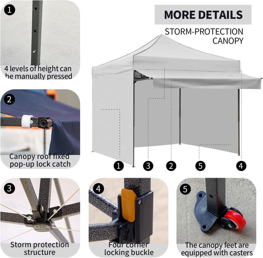 10x10 Pop up Canopy Tent with Awning Easy up Canopy with Wheel Bag Heavy Duty Waterproof Canopy Commercial Gazebo Tent for Outdoors Parties Vendors (Light Grey)