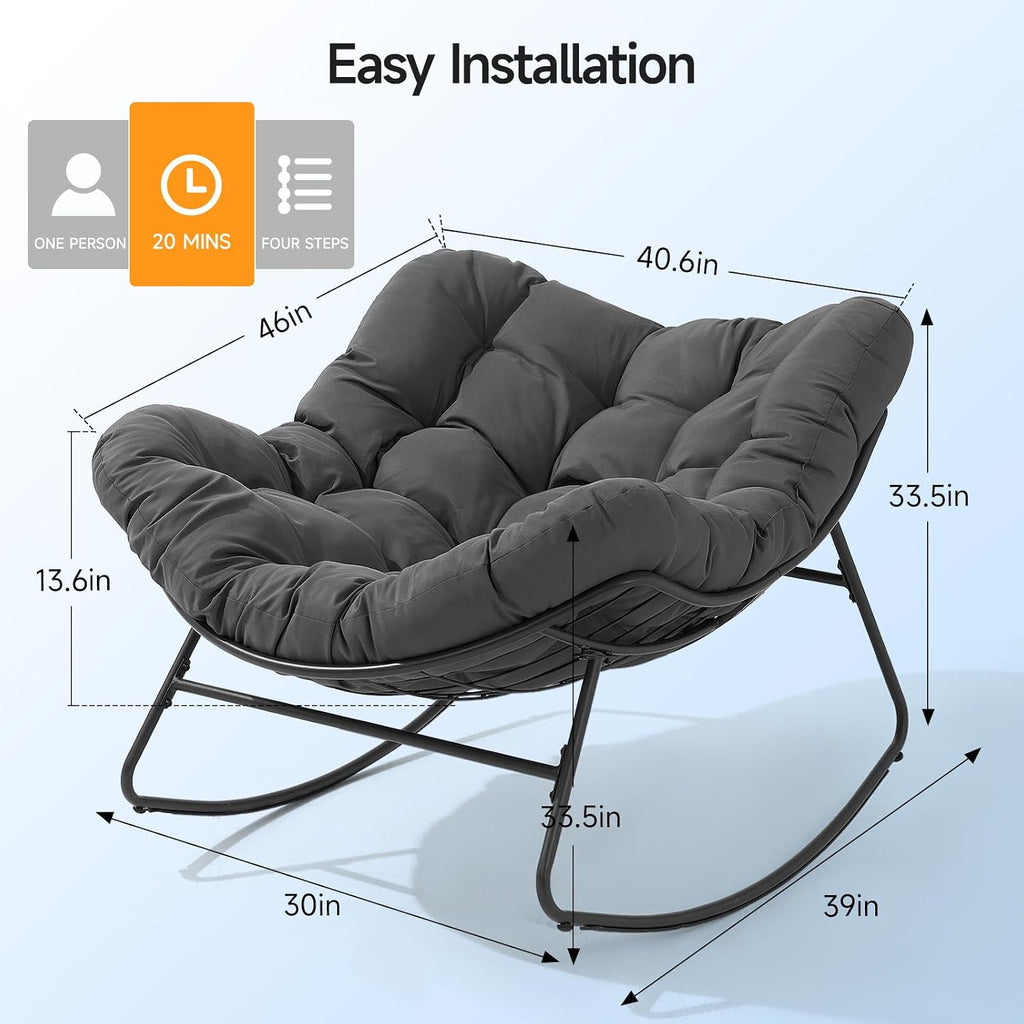 Papasan Rocking Chair Indoor, Oversized Rocking Chair with Thickened Cushion, 450 lbs Comfy Egg Chair Indoor, Lounge Reading Glider Chair for Bedroom, Dark Gray