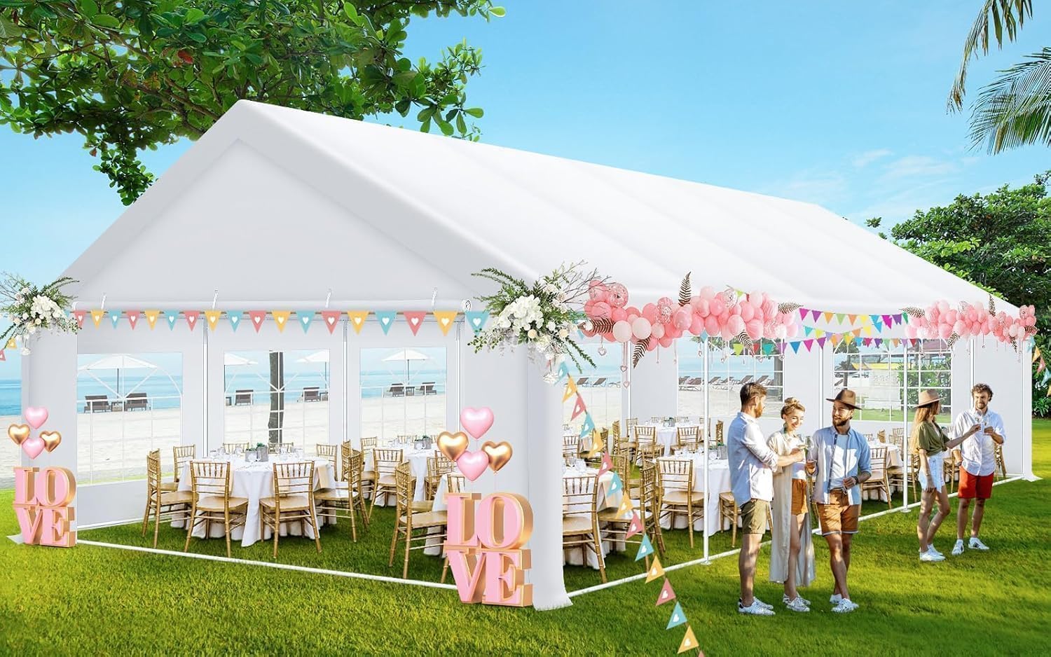 COBIZI 16x32 Heavy Duty Party Tent Outdoor Waterproof Canopy with 14 Church Windows & 10 Sidewalls, Built-in Sandbag, White Powder Coating Commercial Event Shelter Tents for Parties Wedding BBQ Patio