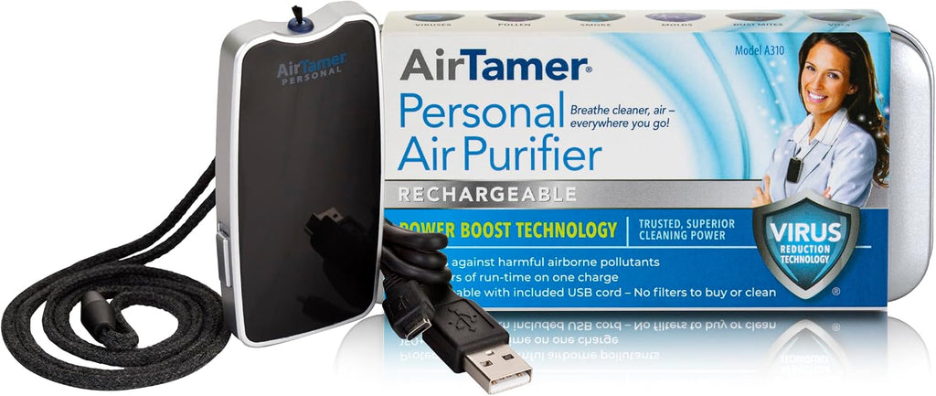 AirTamer A310 Personal Air Purifier Necklace – Rechargeable Wearable Air Cleaner for Travel, Office & Everyday Use - Silent, Lightweight, Black with Metal Case