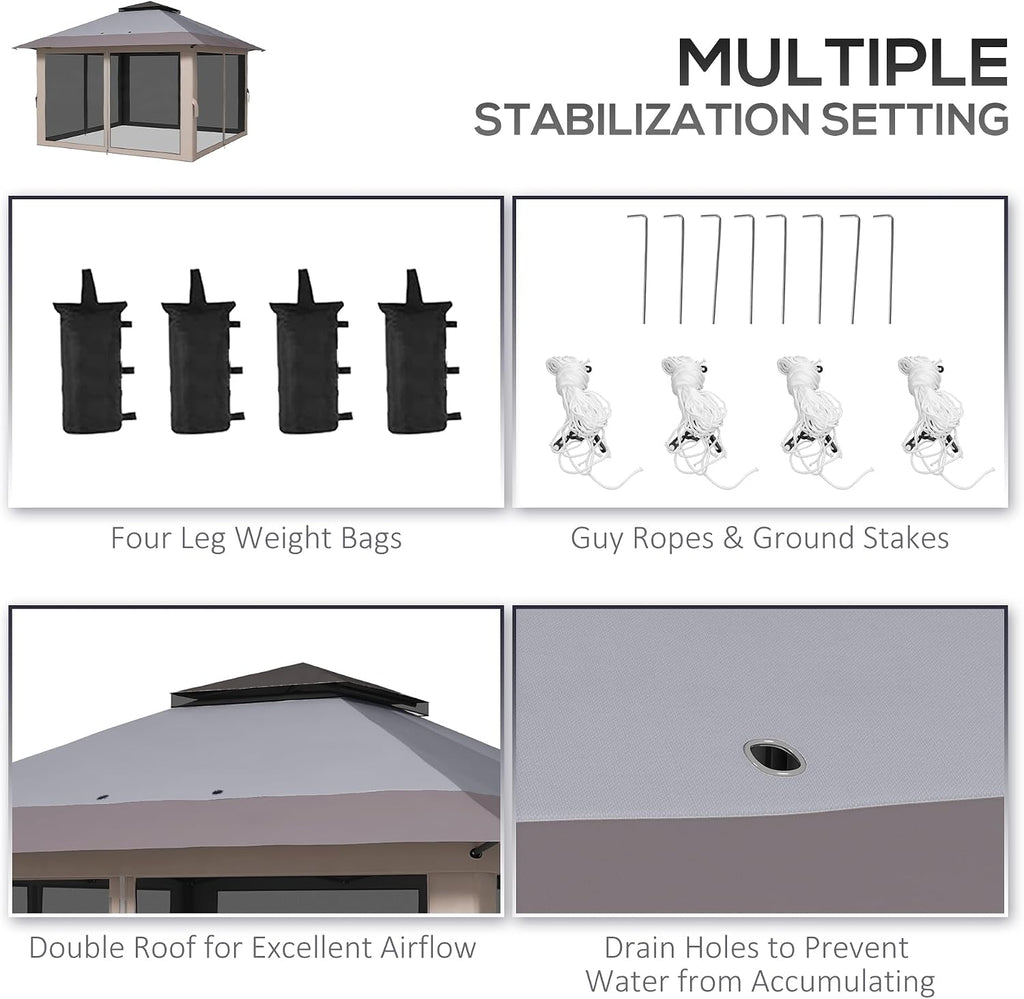 Outsunny 13' x 13' Pop Up Gazebo with Netting, UPF 50+ Instant Canopy Tent Shelter with Water/Sand Bags, Wheeled Carry Bag, for Outdoor, Garden, Parties, Light Gray