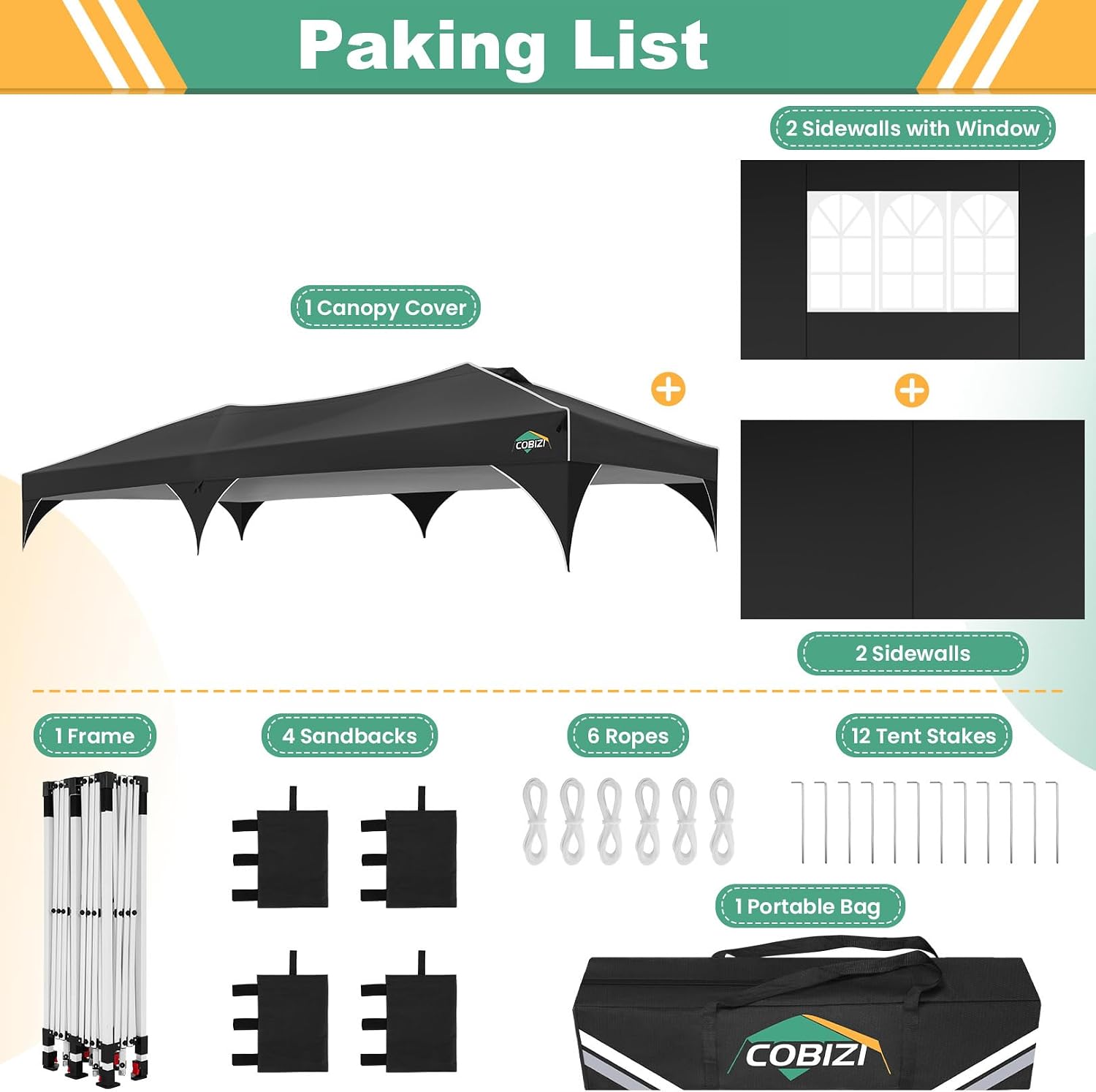 COBIZI 10x20 Pop Up Canopy Tent, Outdoor Party Tent with 4 Sidewalls, 1 Person Easy Set up, Tents for Parties with Fluorescent Strip & 4 Sandbags, Waterproof UPF50+, 3 Adjustable Height, Black