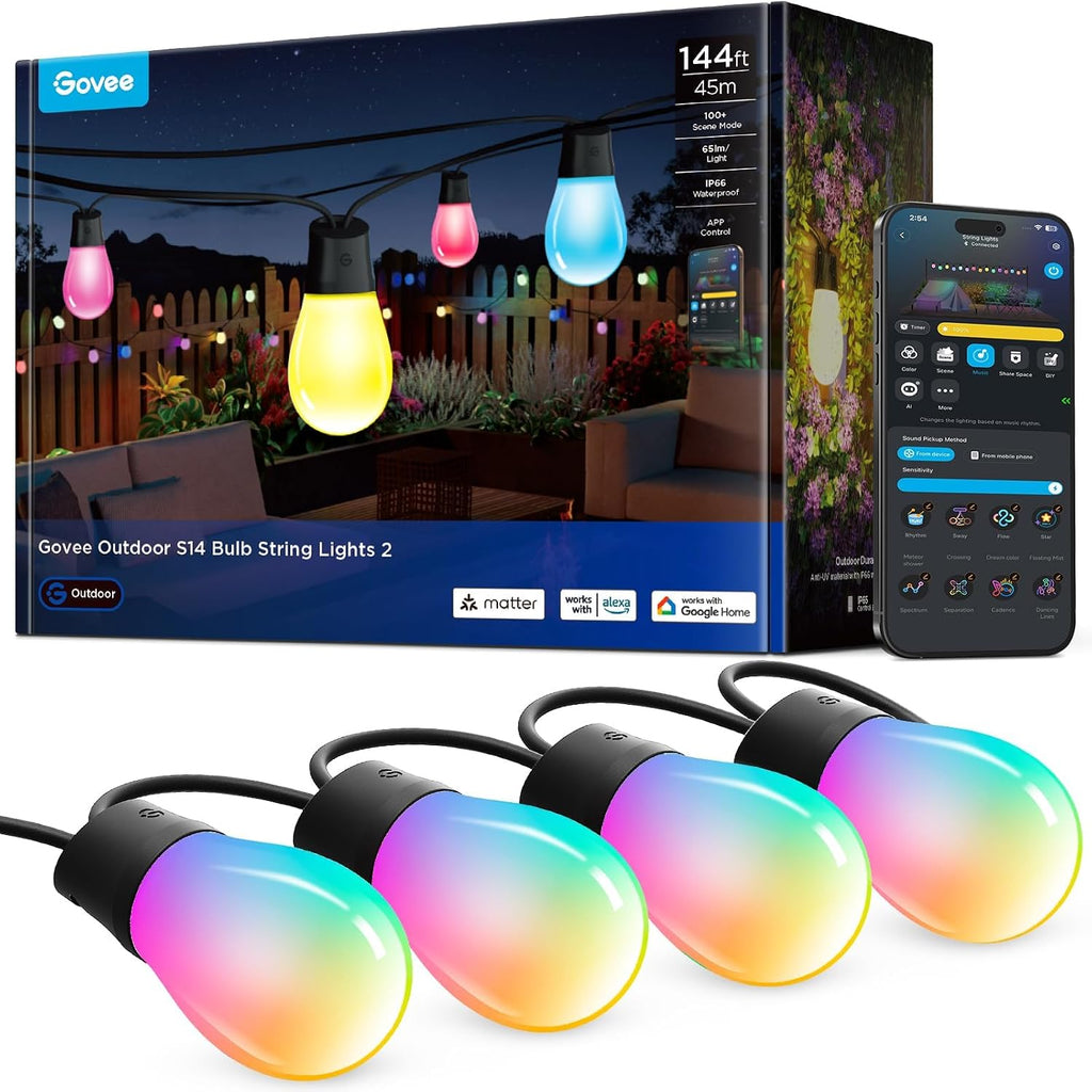 Govee S14 Bulb Outdoor String Lights 2, 144ft Smart RGBIC Warm White Lights with 45 LED Bulbs(3 Ropes of 48ft), 111 Scene Modes for Patio Decor, IP66 Compatible with Alexa, Google, Matter, APP Control
